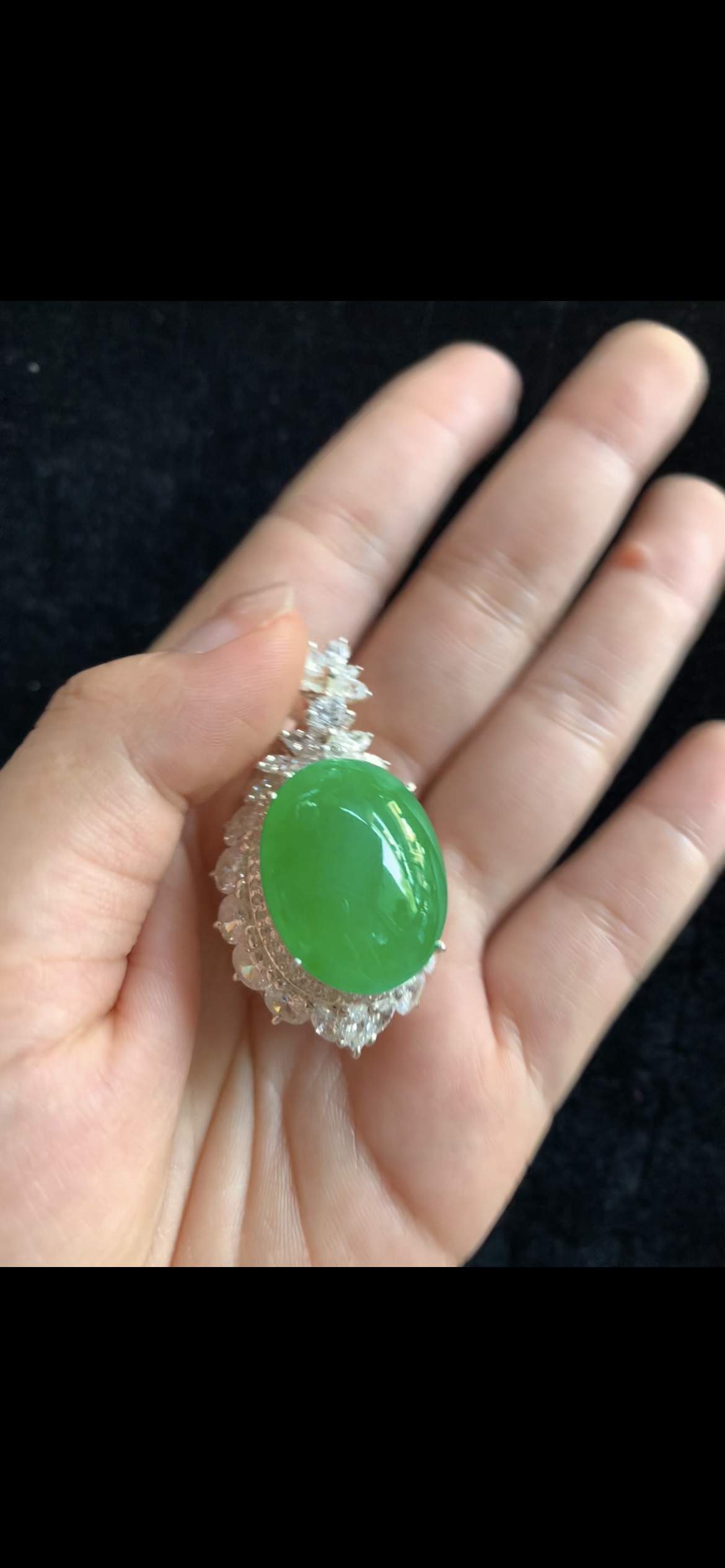 Fine Imperial Green Jade Oval Pendant — Double Halo Diamond Setting