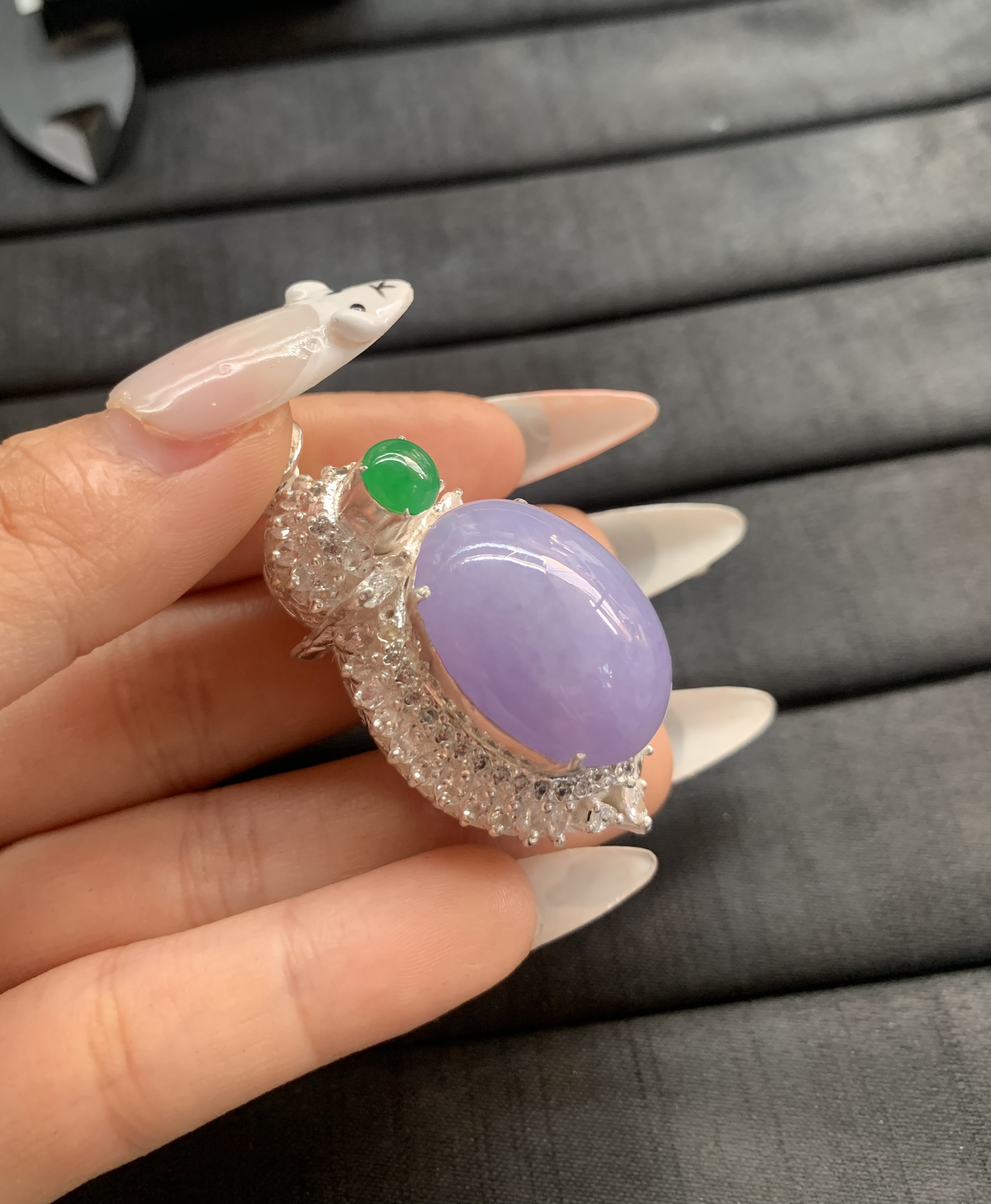 Luxurious Lavender Jade Pendant with Silver-Toned Setting and Green Accent - Burmese Jadeite from Myanmar
