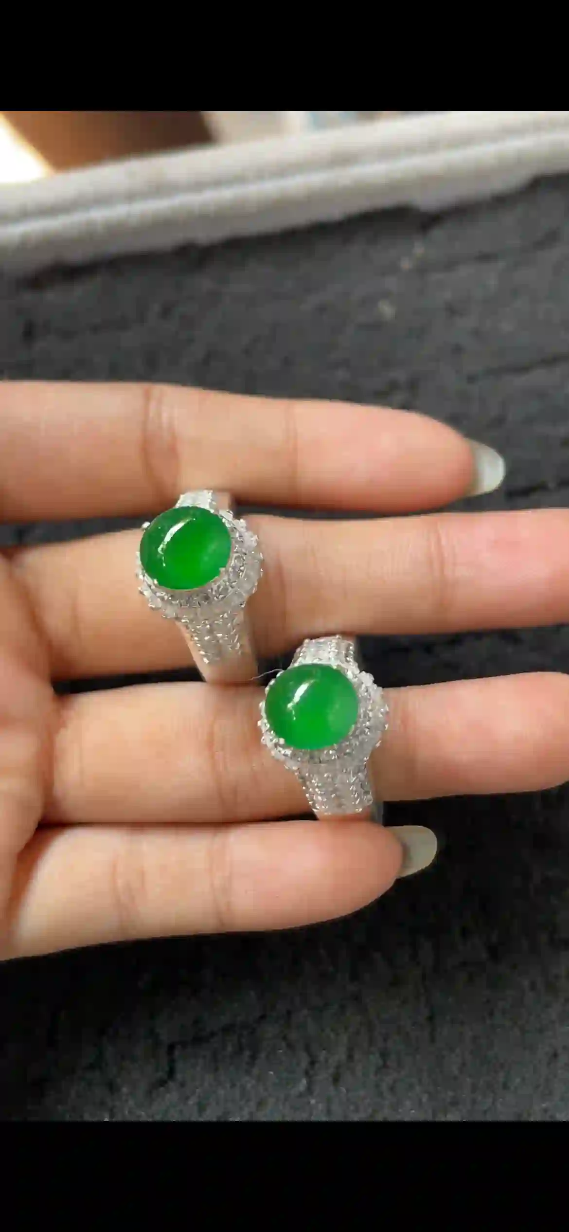 Natural Green Jadeite Cabochon Diamond Ring Set, 18K White Gold | Myanmar Jadeite reference #6630001