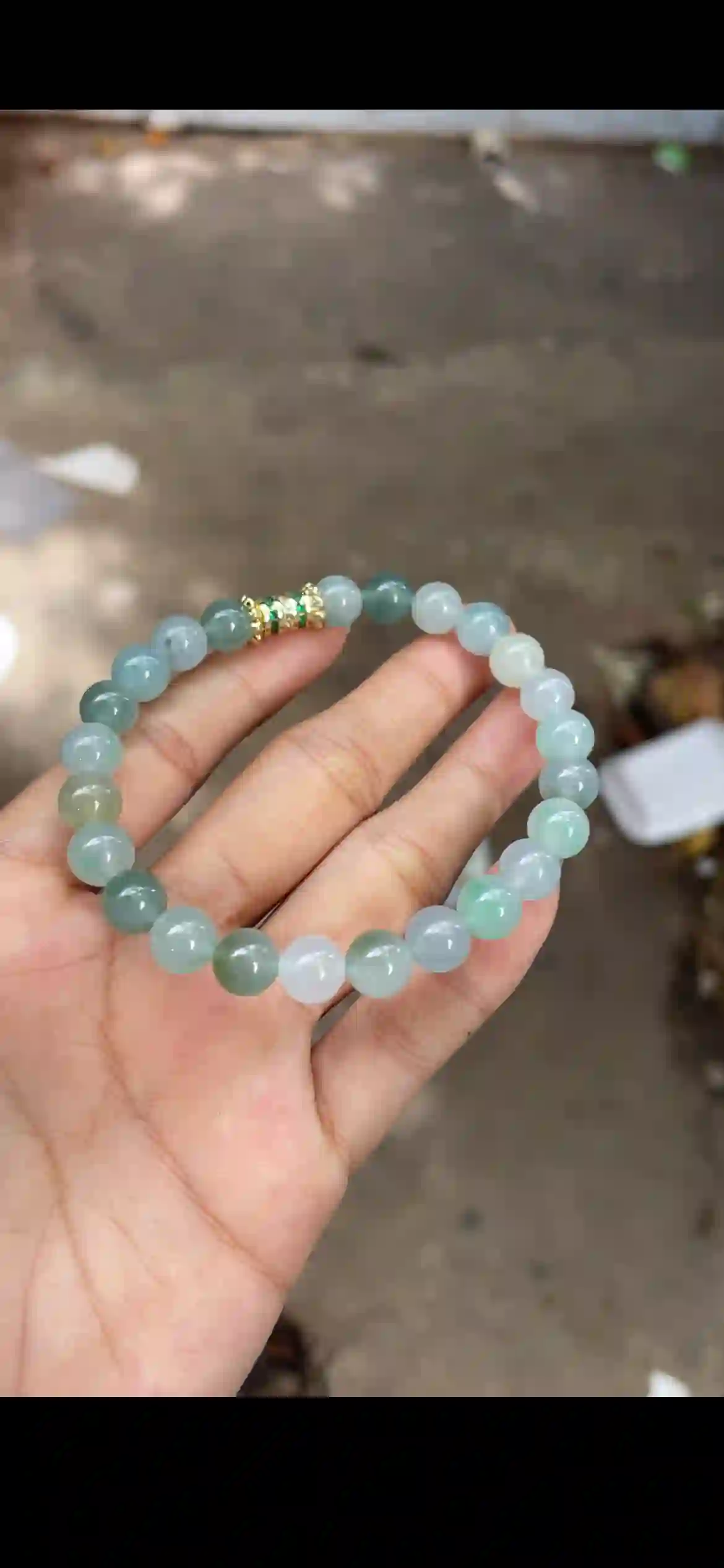 Icy Floating Green Jadeite Beaded Bracelet with Gold Accent, view 2 | Myanmar Jadeite reference #11880001