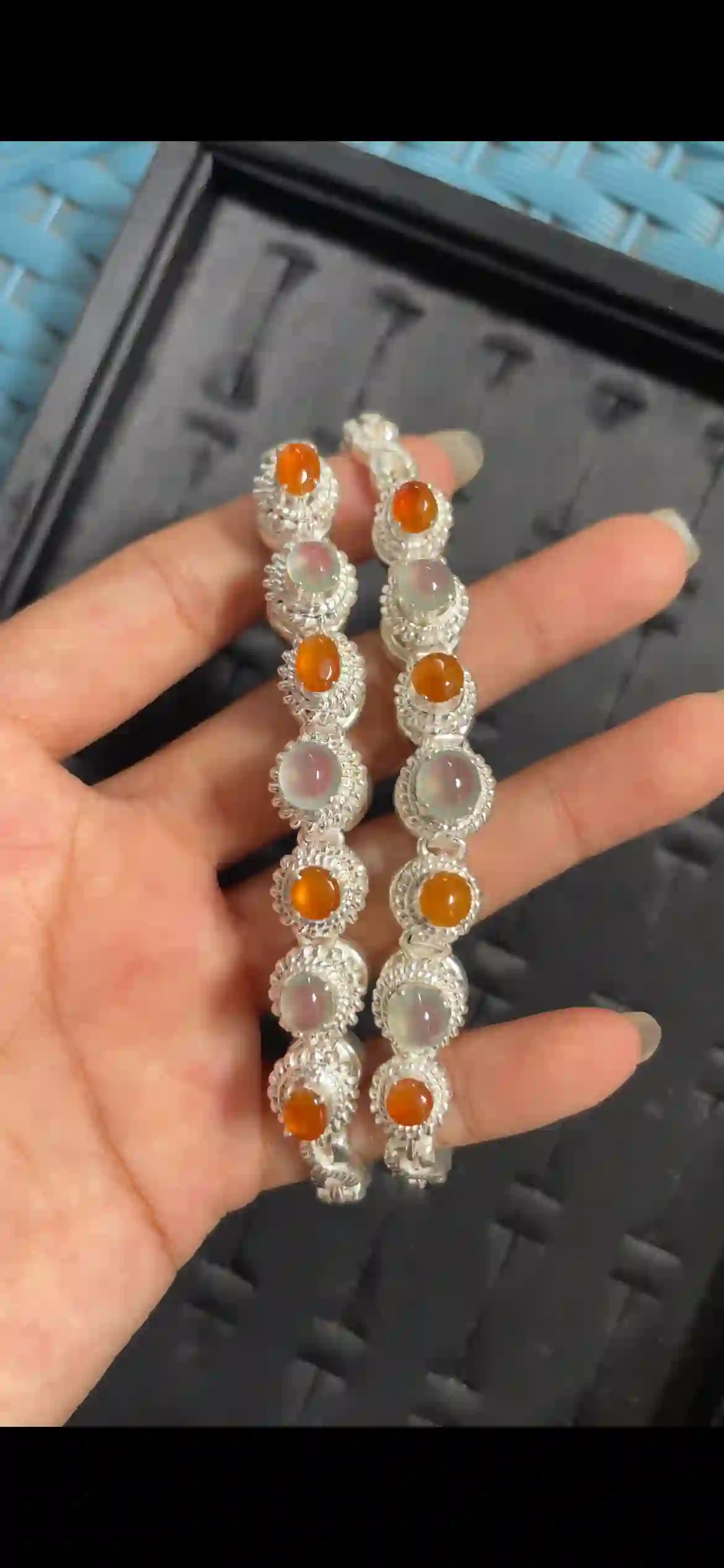 Two-Tone Orange & Icy Pale Jadeite Silver Link Bracelet Pair, view 2 | Myanmar Jadeite reference #8640003