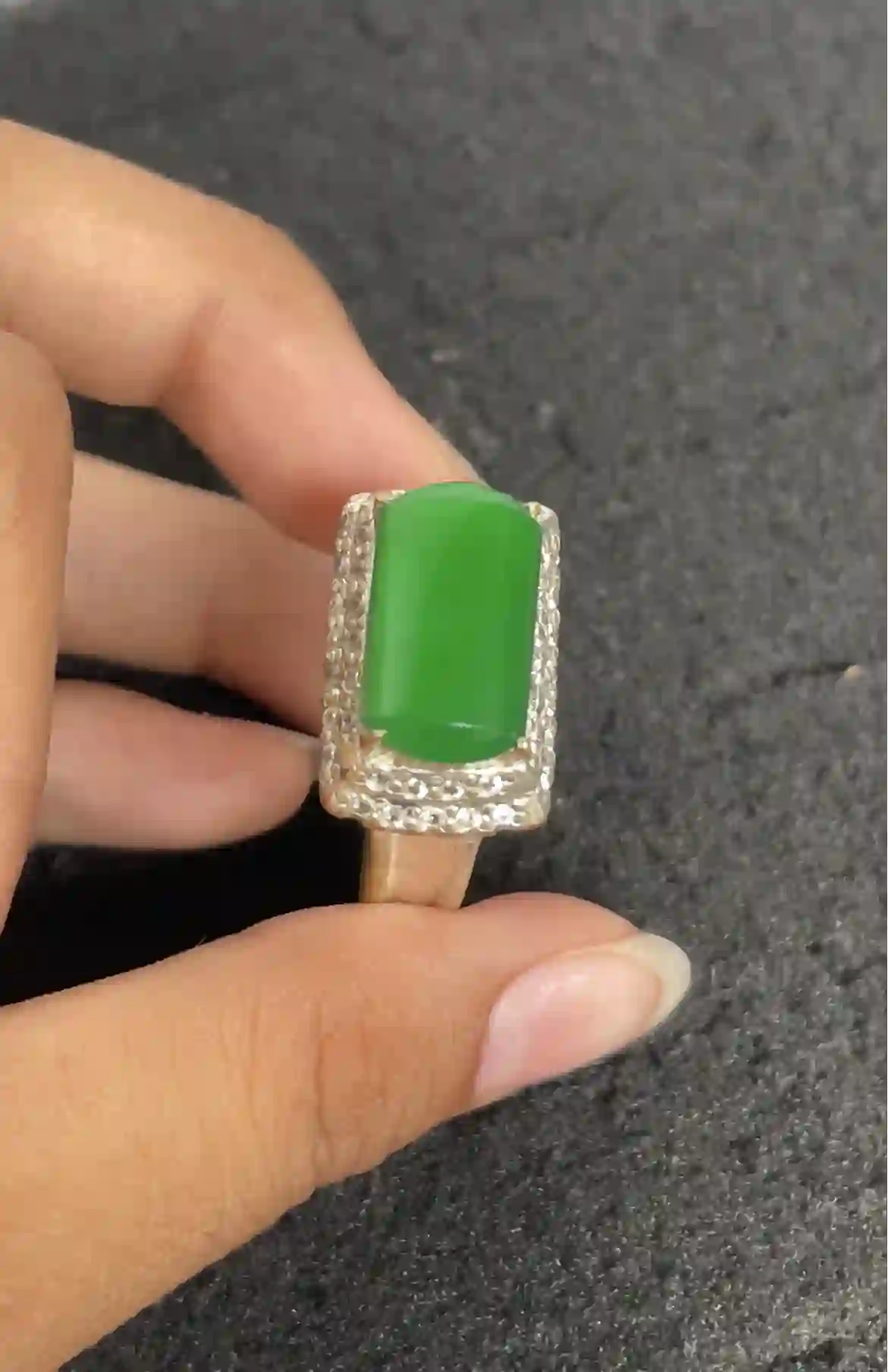 Vivid Green Jade Rectangular Ring | Myanmar Jadeite reference #2310009