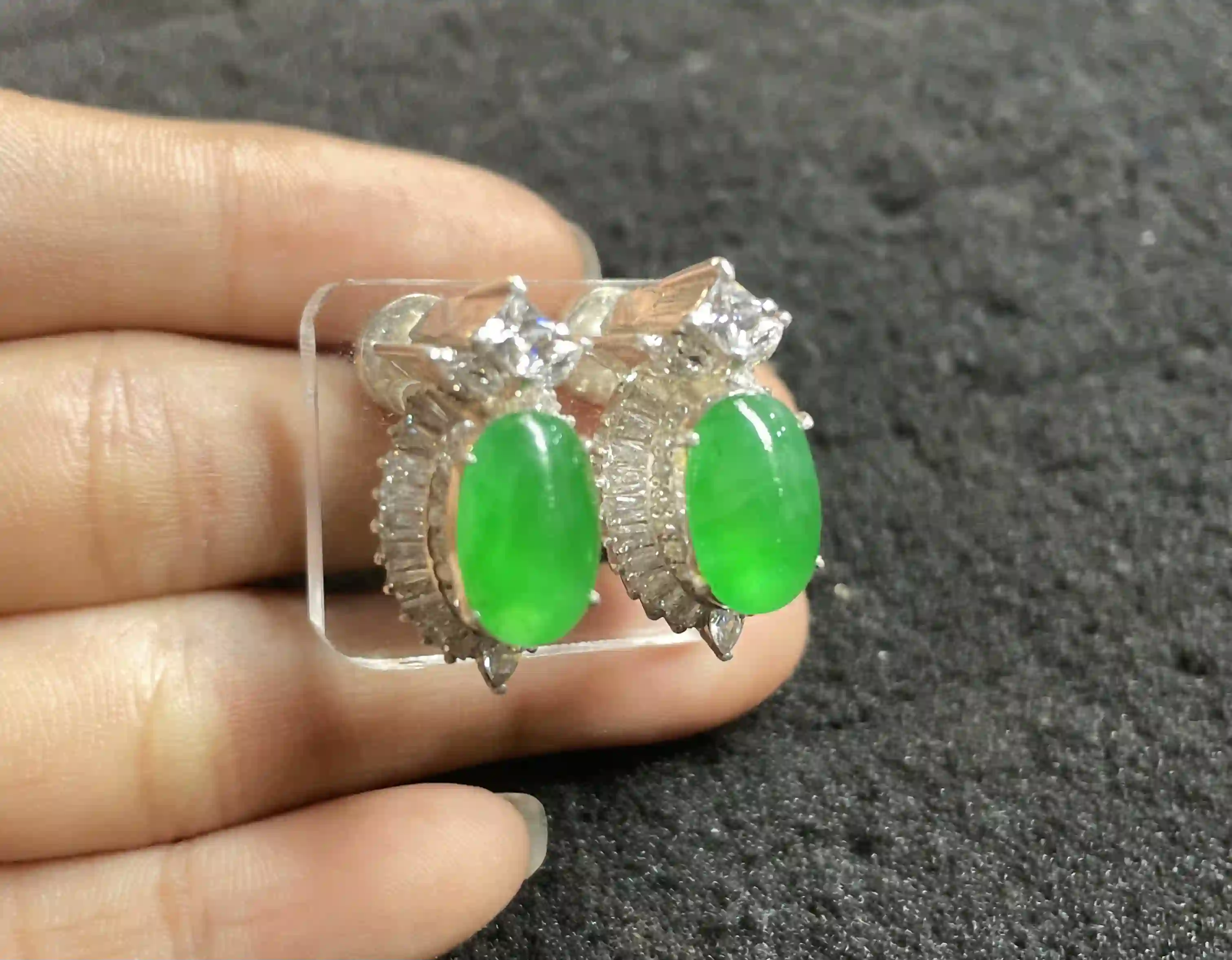  Luxurious Vivid Green Gemstone Earrings with Sparkling Accents, view 2 | Myanmar Jadeite reference #1140004
