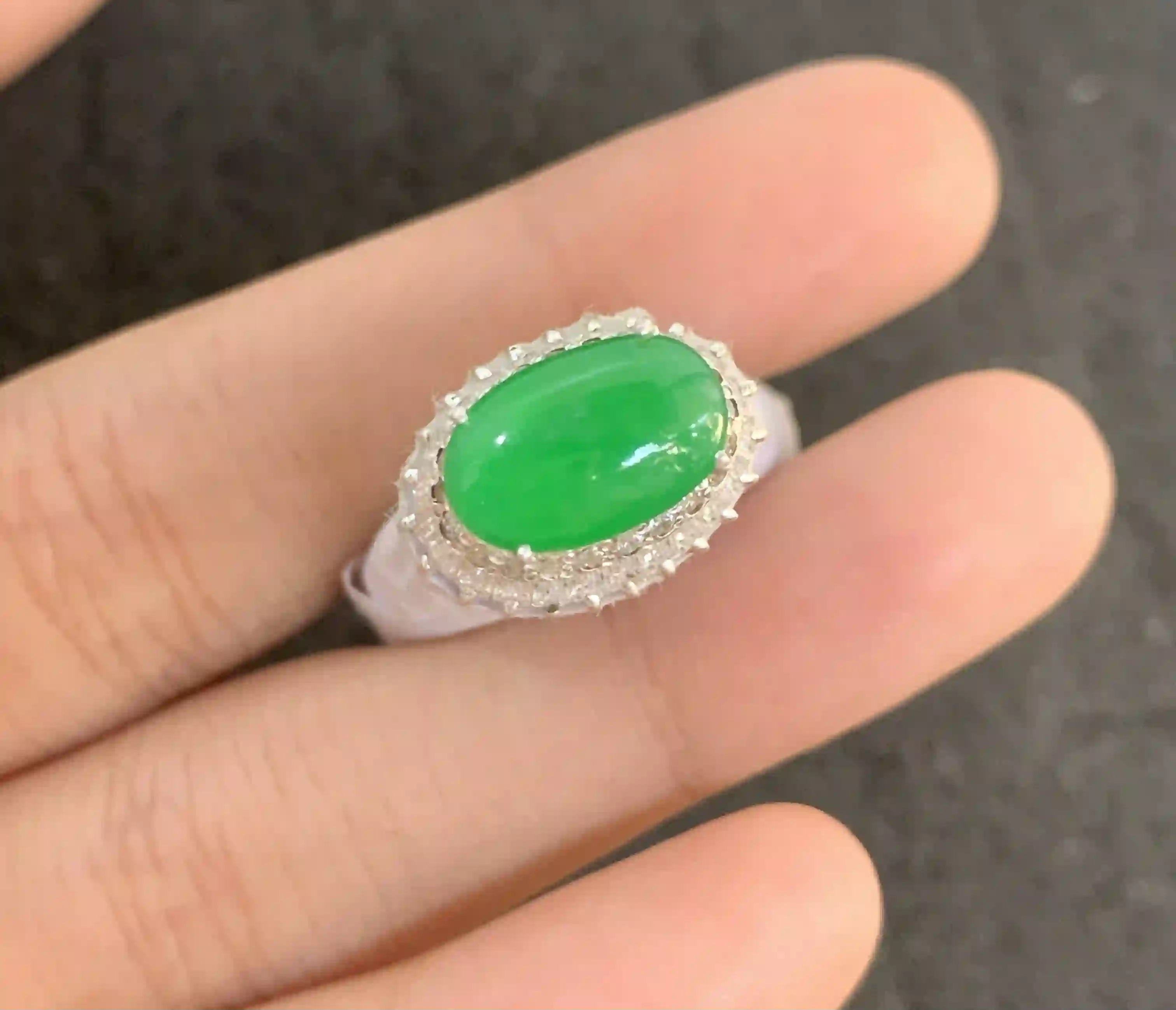 Vivid Green Oval Gemstone Ring with Crystal Halo | Myanmar Jadeite reference #480001