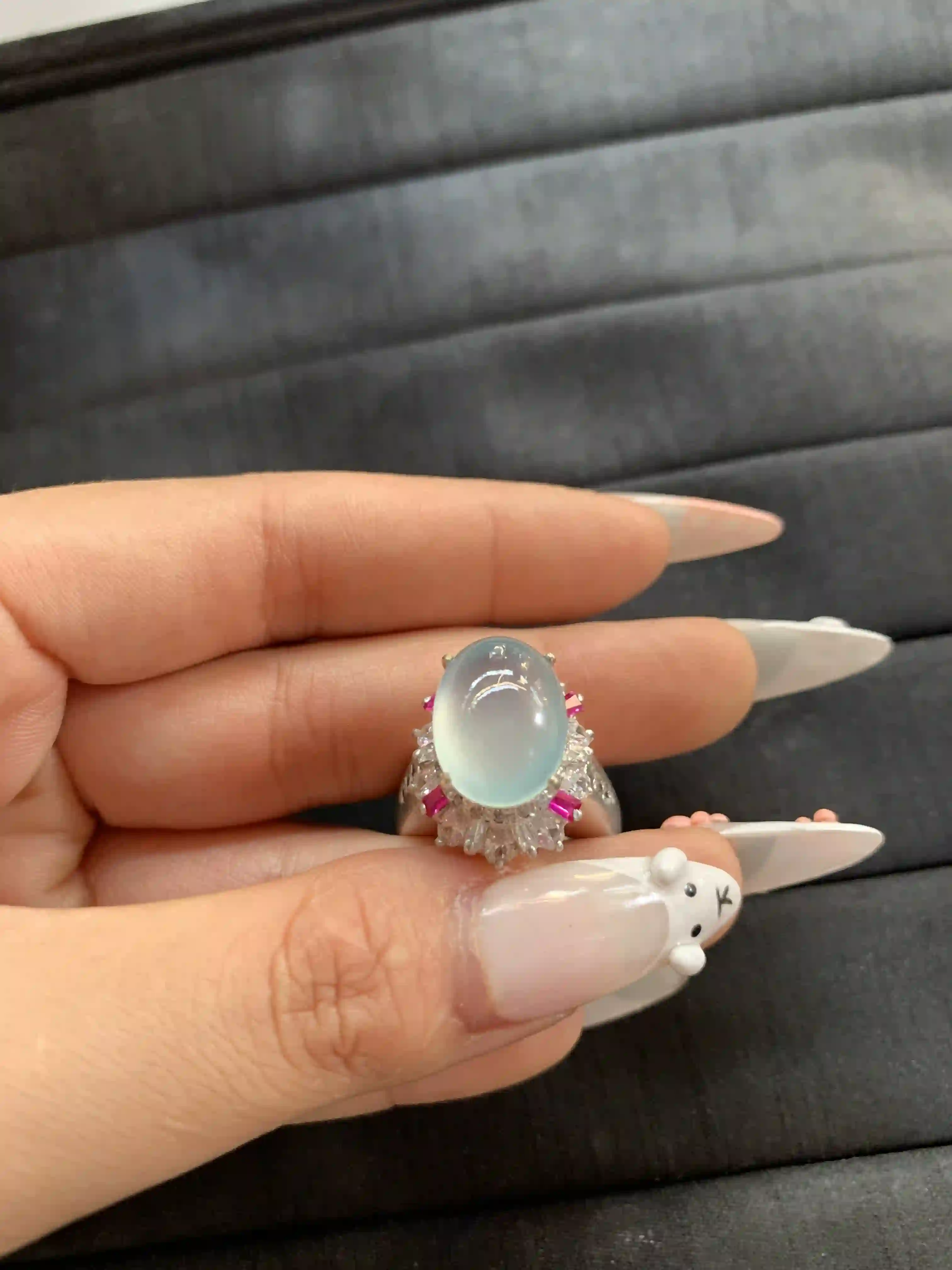 Stunning Translucent Light Blue Gemstone Ring with Pink Accents | Myanmar Jadeite reference #1320005