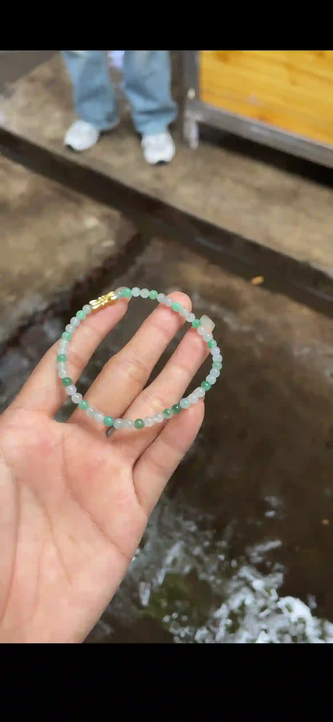 Icy White & Vivid Apple Green Jade Bead Bracelet with Gold Clasp, view 2 | Myanmar Jadeite reference #19800001