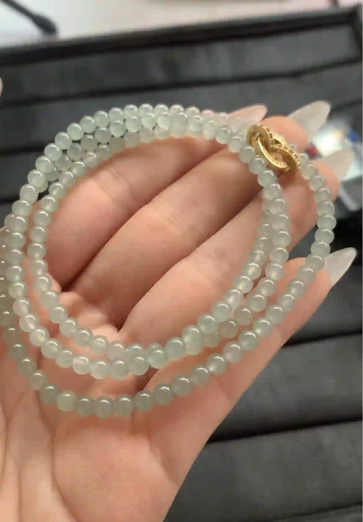 Multi-Strand Light Green Jade Bead Necklace with Gold-Toned Clasp, view 2 | Myanmar Jadeite reference #1380008