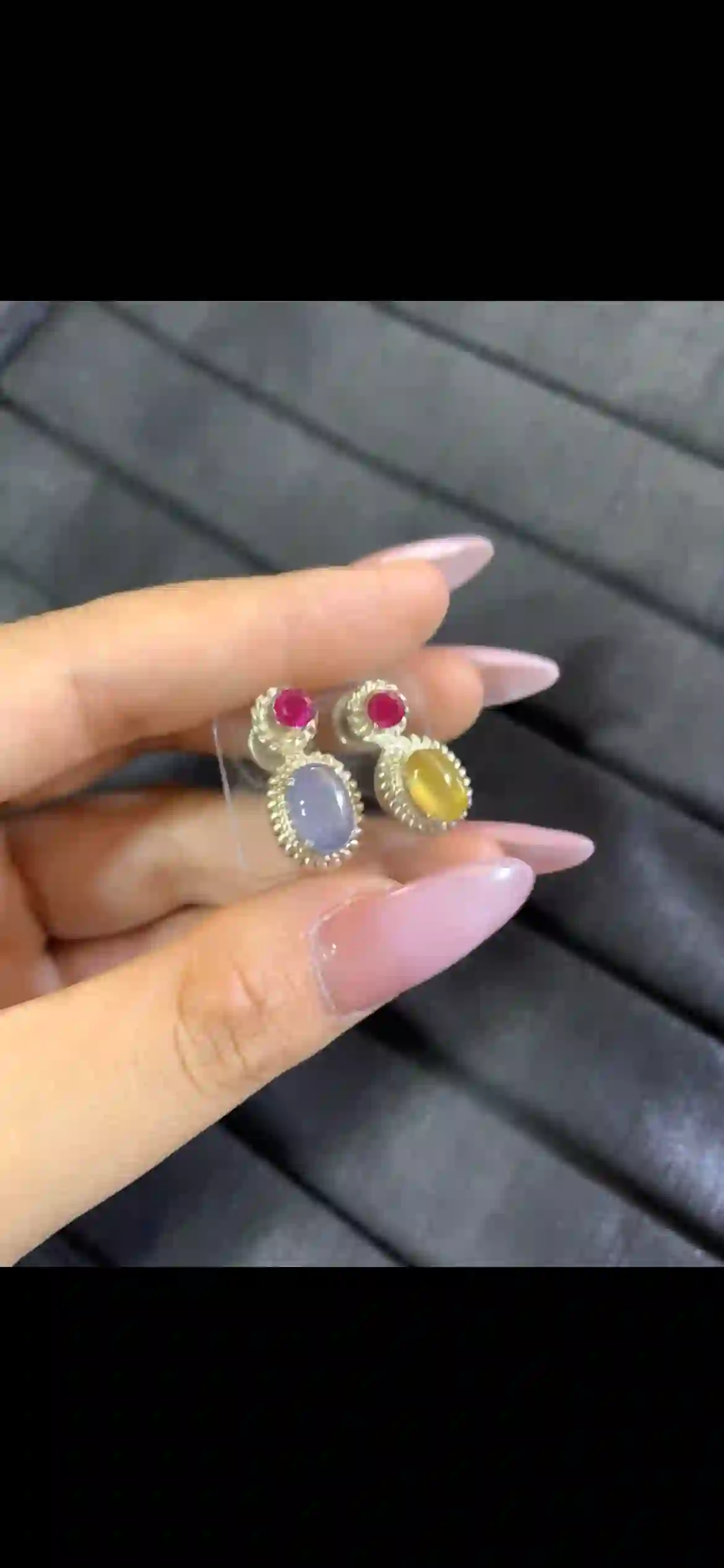  Two-Tone Lavender & Honey Yellow Jadeite Stud Earrings with Ruby Accents | Myanmar Jadeite reference #6990004