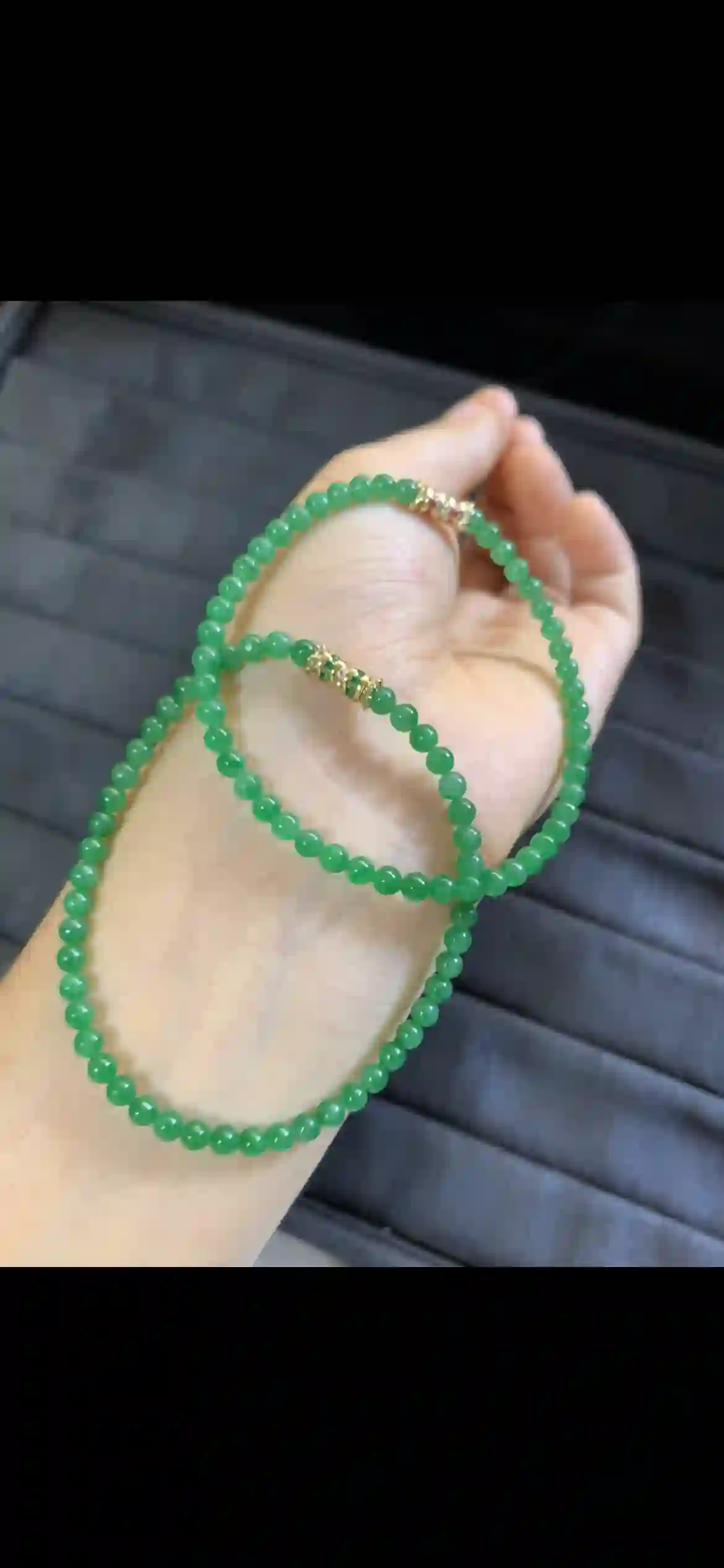   Natural Bright Green Jadeite Mini Bead Necklace with Gold Accents | Myanmar Jadeite reference #6900005