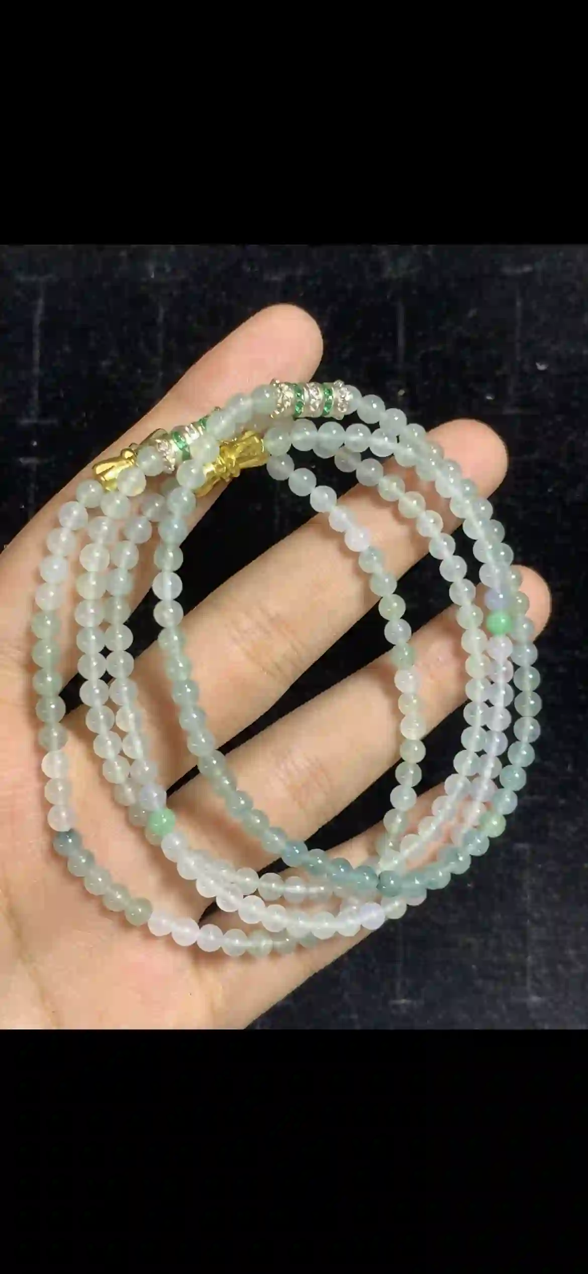 Icy Pale Blue-Green Jade Triple-Strand Bracelet — Gold & Emerald Crystal Accents | Myanmar Jadeite reference #28740001