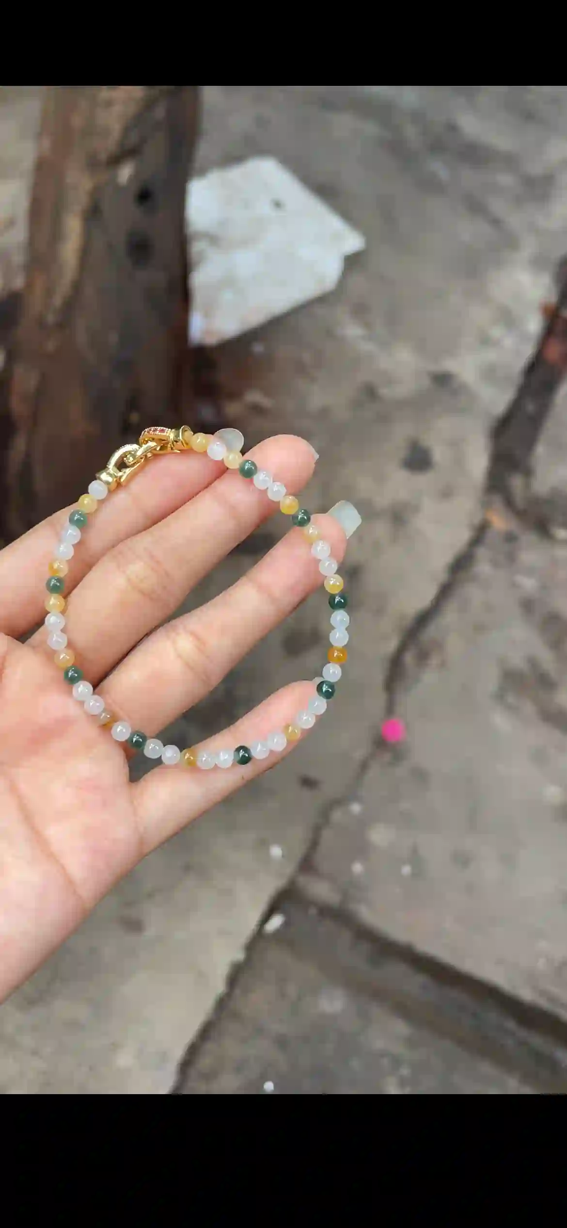 Multicolor Jade Bead Bracelet — White, Honey Yellow & Deep Green, view 2 | Myanmar Jadeite reference #19590001