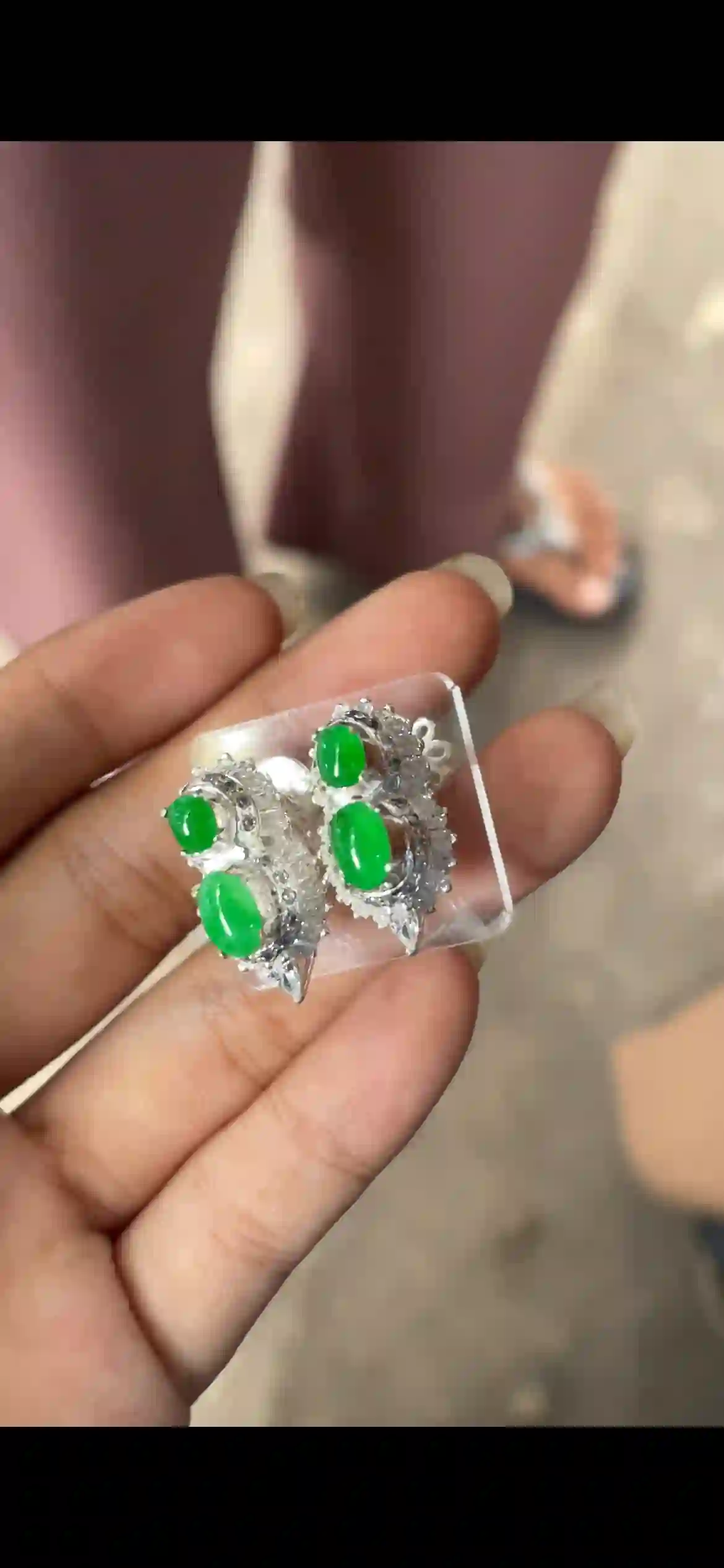   Vivid Green Jade & Diamond Halo Earrings, Sterling Silver Luxury Studs | Myanmar Jadeite reference #5190001