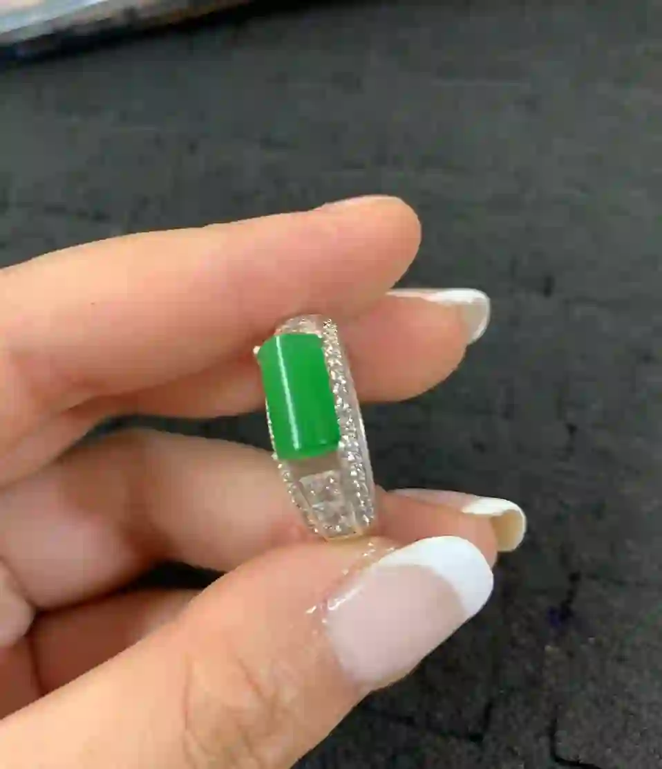Green Gemstone and Diamond Accented Ring, view 2 | Myanmar Jadeite reference #330001