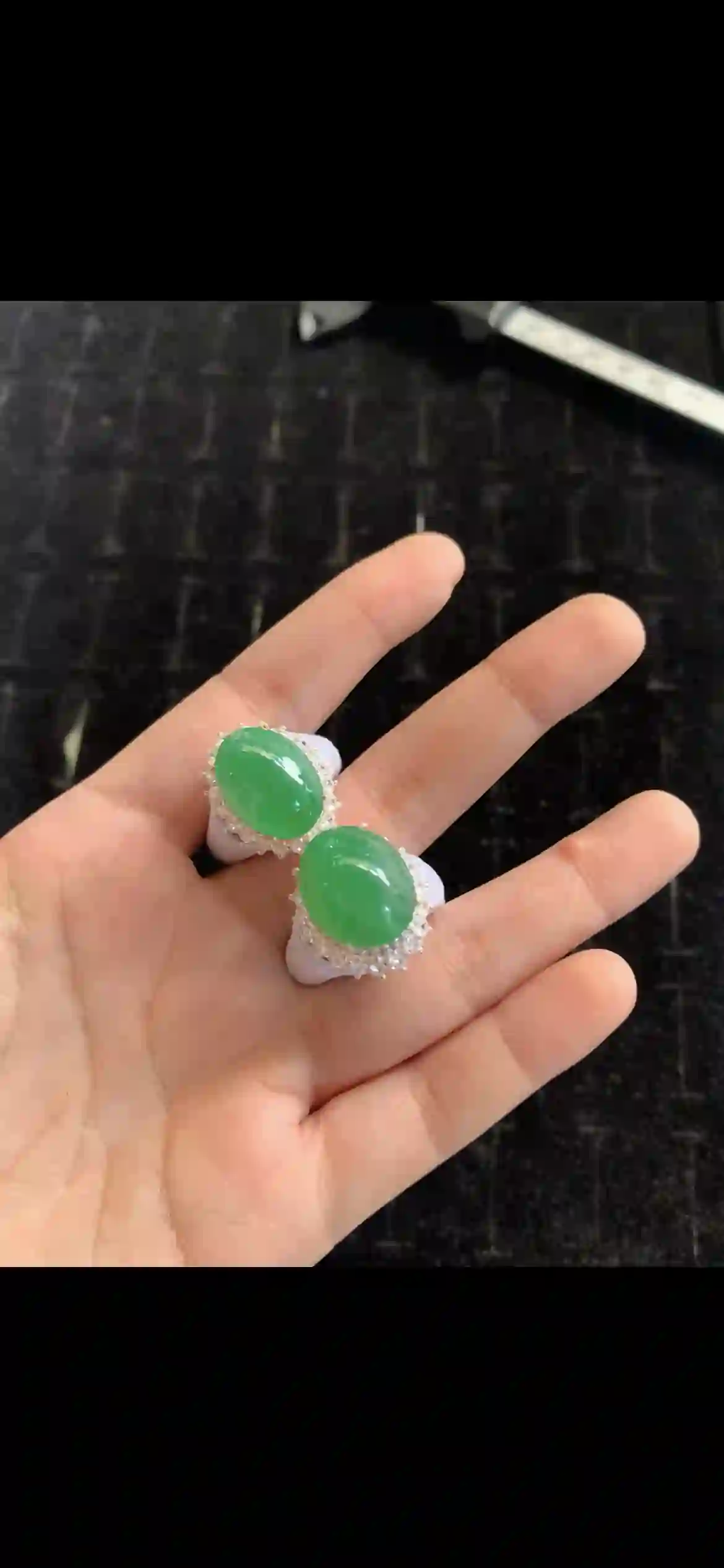 Matching Pair of Oval Vivid Green Jadeite Cabochons with Diamond Halos — Loose / Setting Ready | Myanmar Jadeite reference #20280002