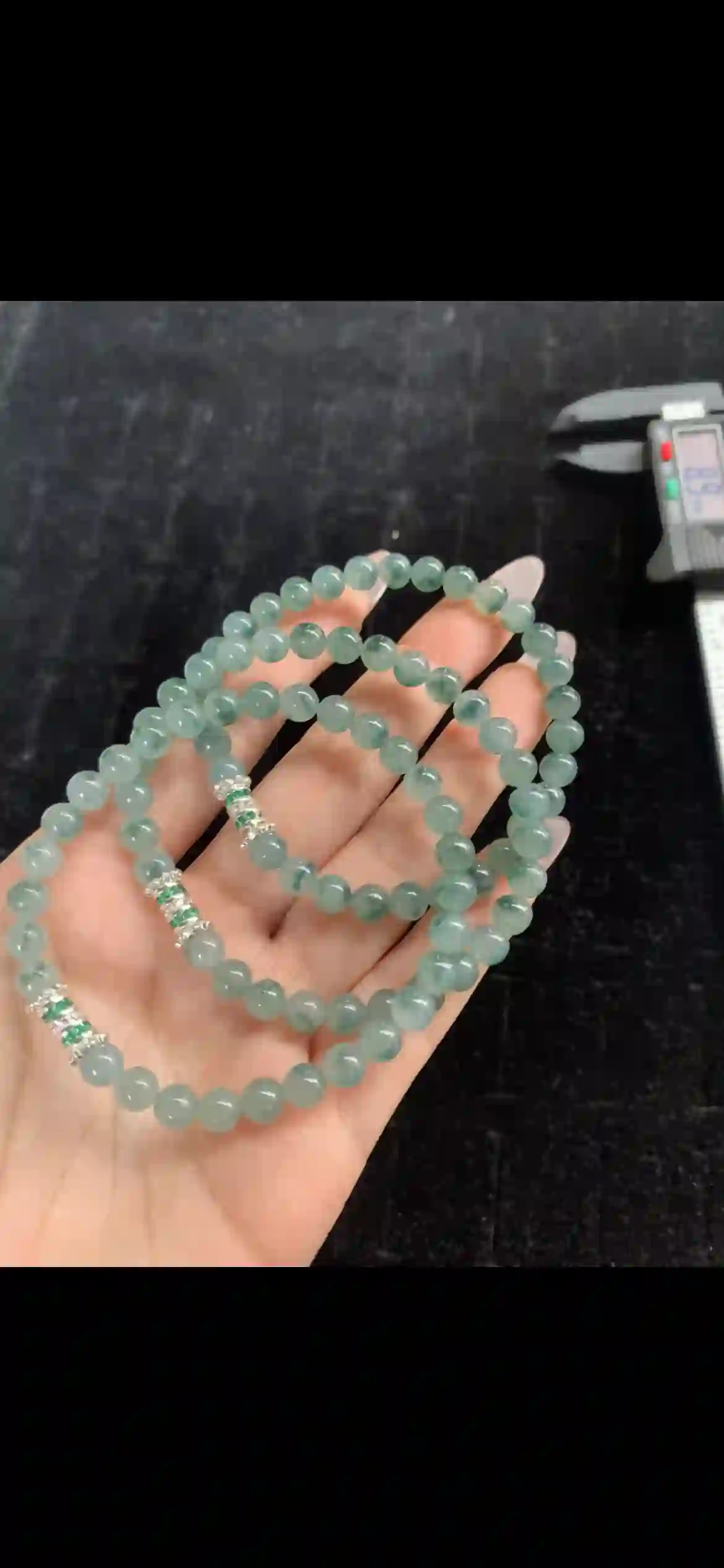 Icy Blue-Green Floating Flower Jadeite Beaded Necklace — with Diamond & Emerald Accent Spacers | Myanmar Jadeite reference #30060001