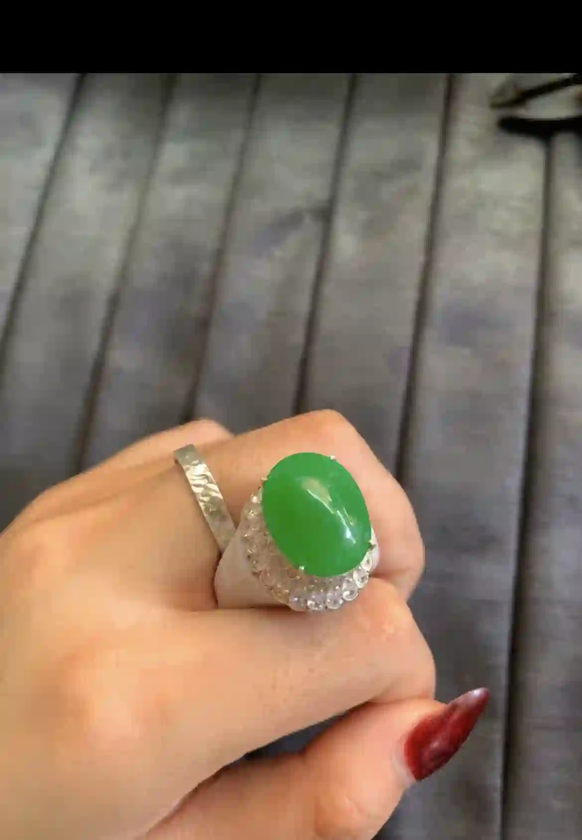   Vibrant Green Jadeite Oval Cabochon Ring with Diamond Halo Setting | Myanmar Jadeite reference #3540003