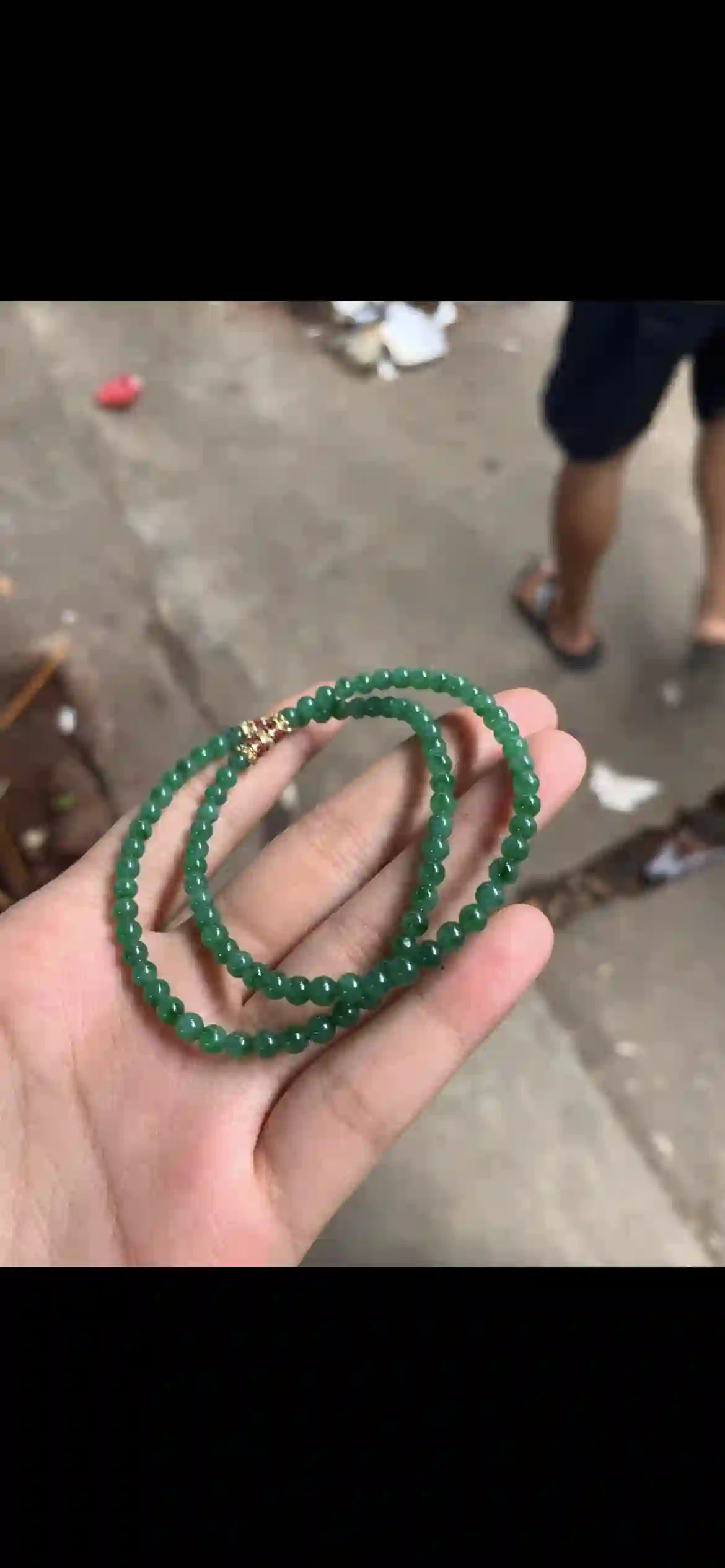Pair of Vivid Deep Green Jade Beaded Bracelets with Gold & Pink Gem Accents, view 2 | Myanmar Jadeite reference #23190001