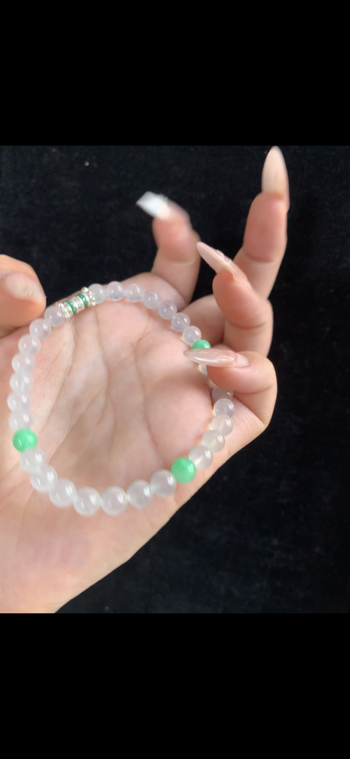 Icy White Jade Bracelet with Vibrant Emerald Green Accents