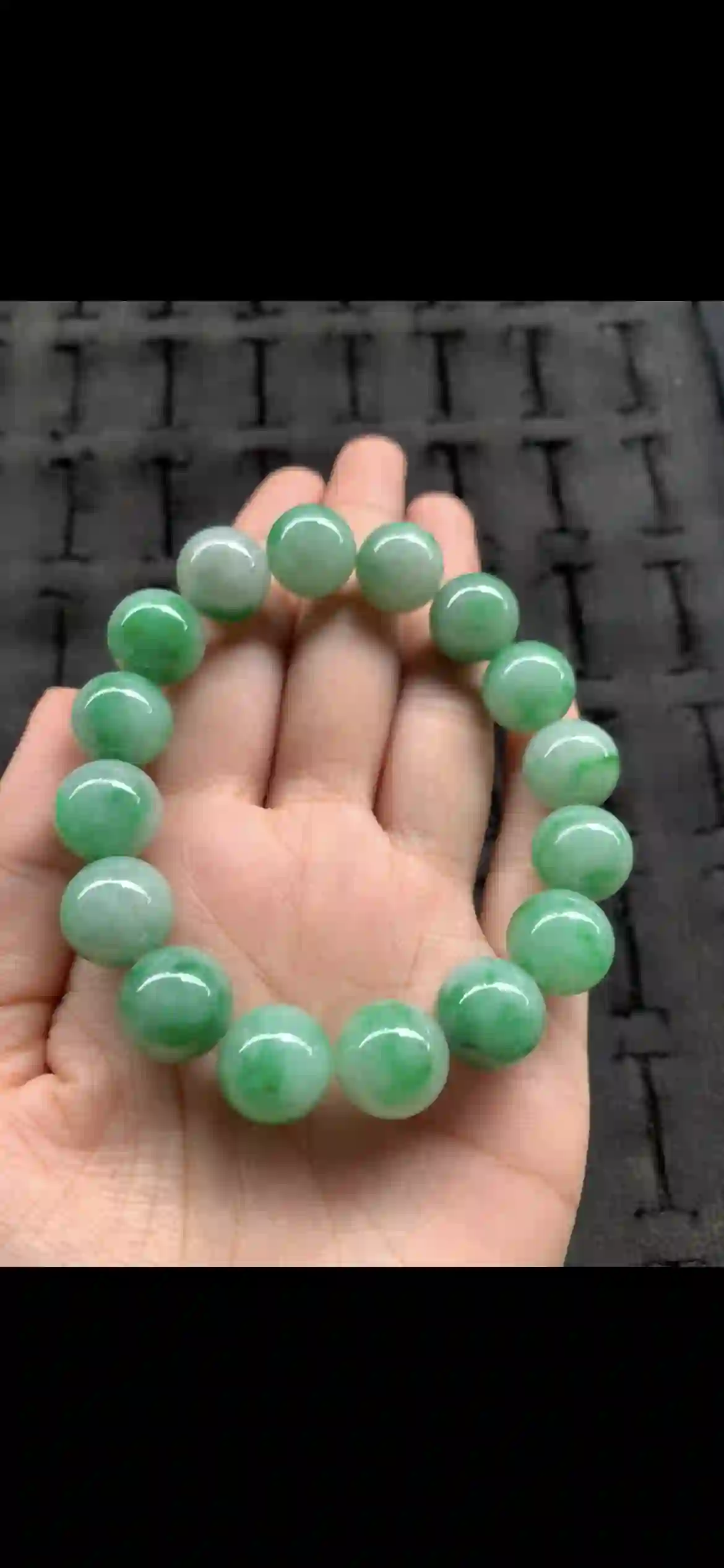 Premium Spicy Green Jadeite Round Bead Bracelet, view 2 | Myanmar Jadeite reference #10590001