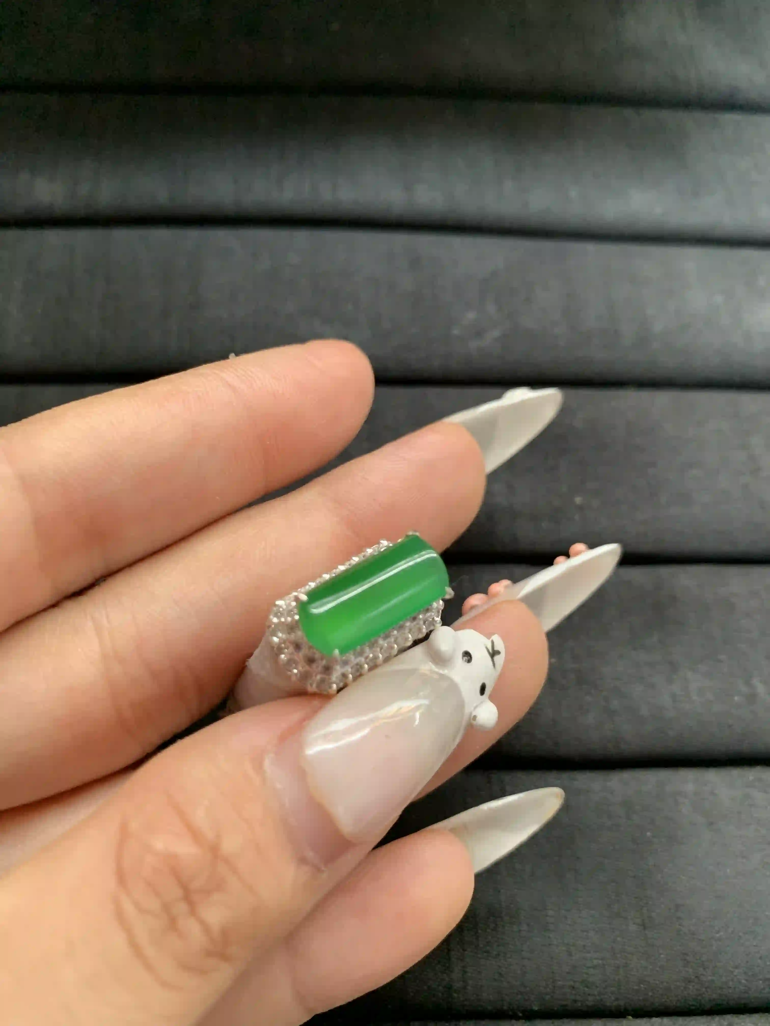   Natural Vivid Green Jade Baguette Silver Ring, view 2 | Myanmar Jadeite reference #1770002