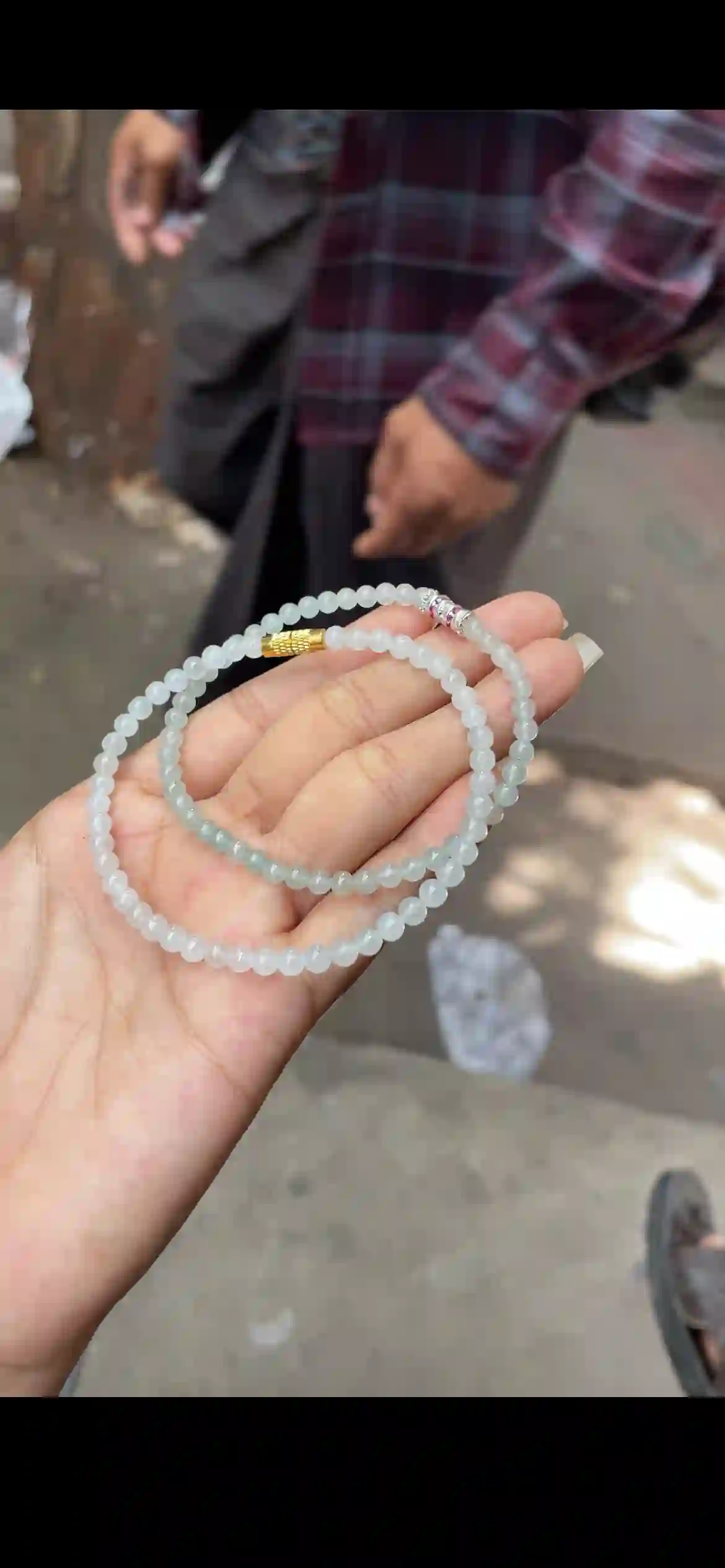 Double-Strand Icy White & Pale Green Jade Bead Bracelet, view 2 | Myanmar Jadeite reference #18600001