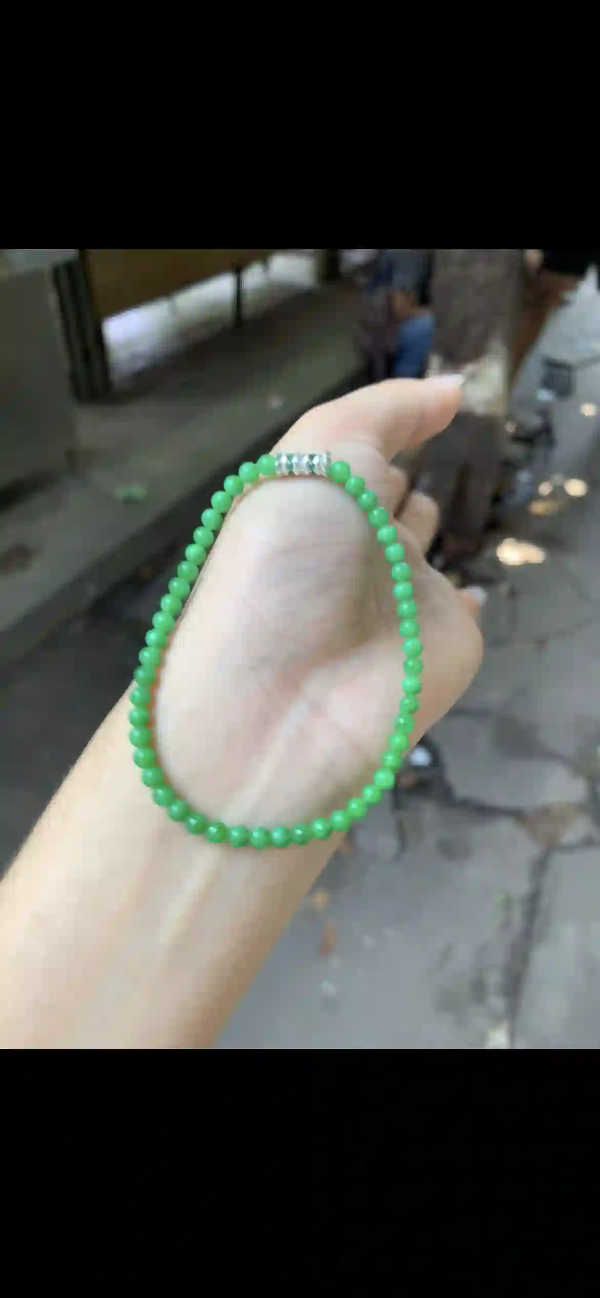 Vivid Emerald Green Jade Beaded Bracelet with Diamond Accent Spacer, Delicate Fine Jewelry, view 2 | Myanmar Jadeite reference #28470001