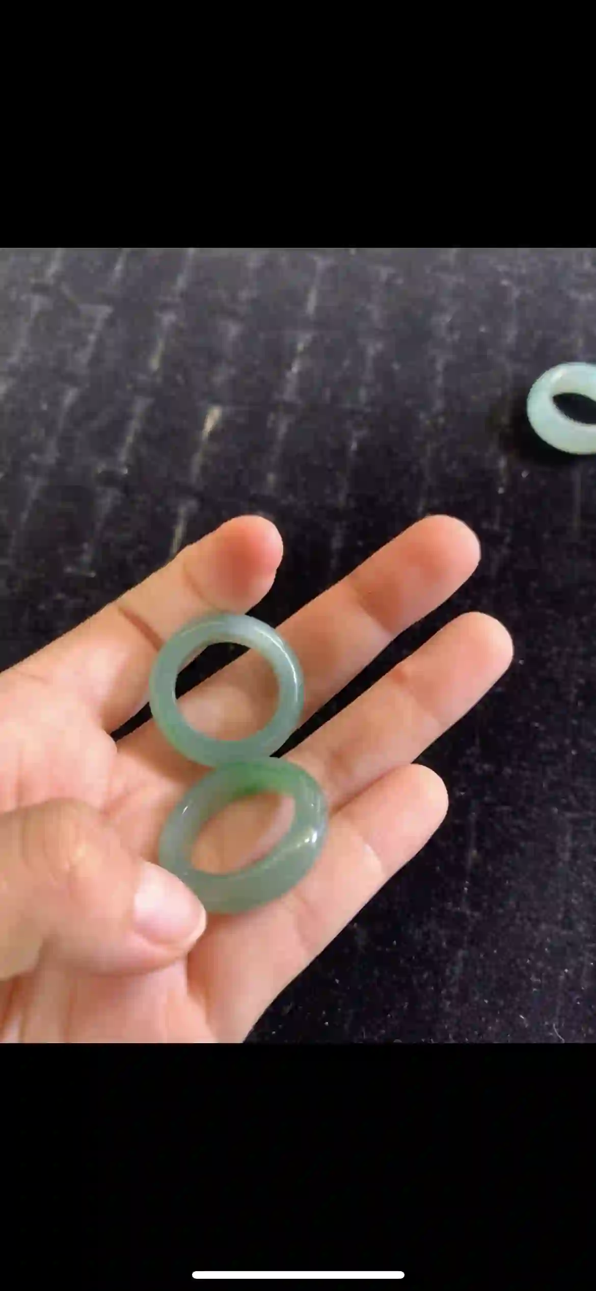  Pair of Icy Floating Green Jade Band Rings, view 2 | Myanmar Jadeite reference #17670002