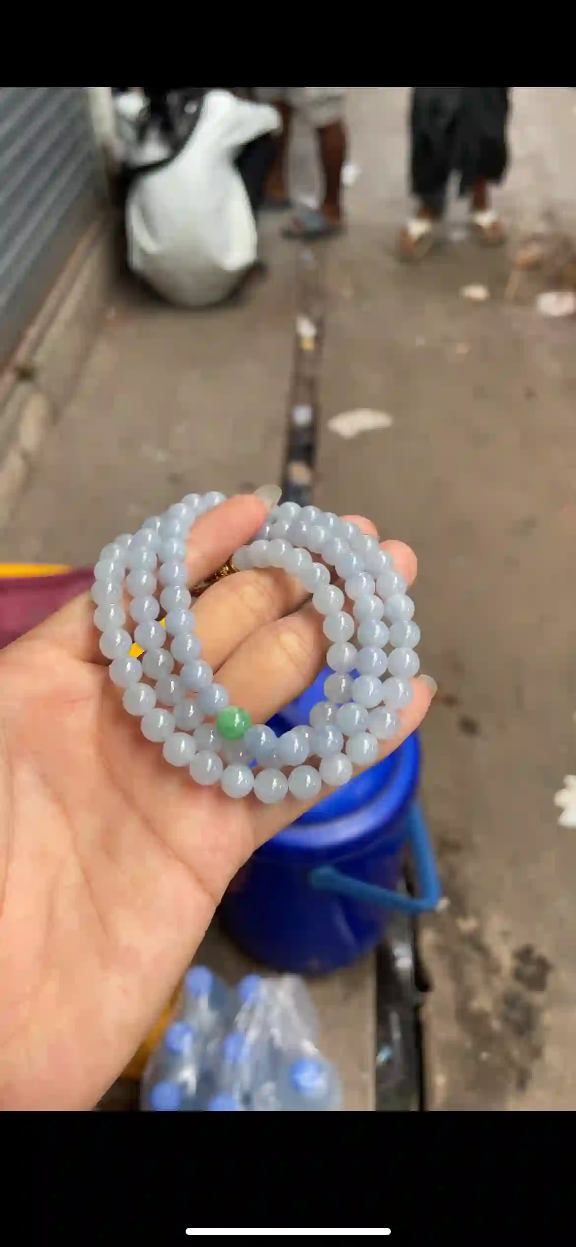 Soft Pale Blue-Grey Jade Bead Strand with Contrasting Green Accent Bead, view 2 | Myanmar Jadeite reference #25320001