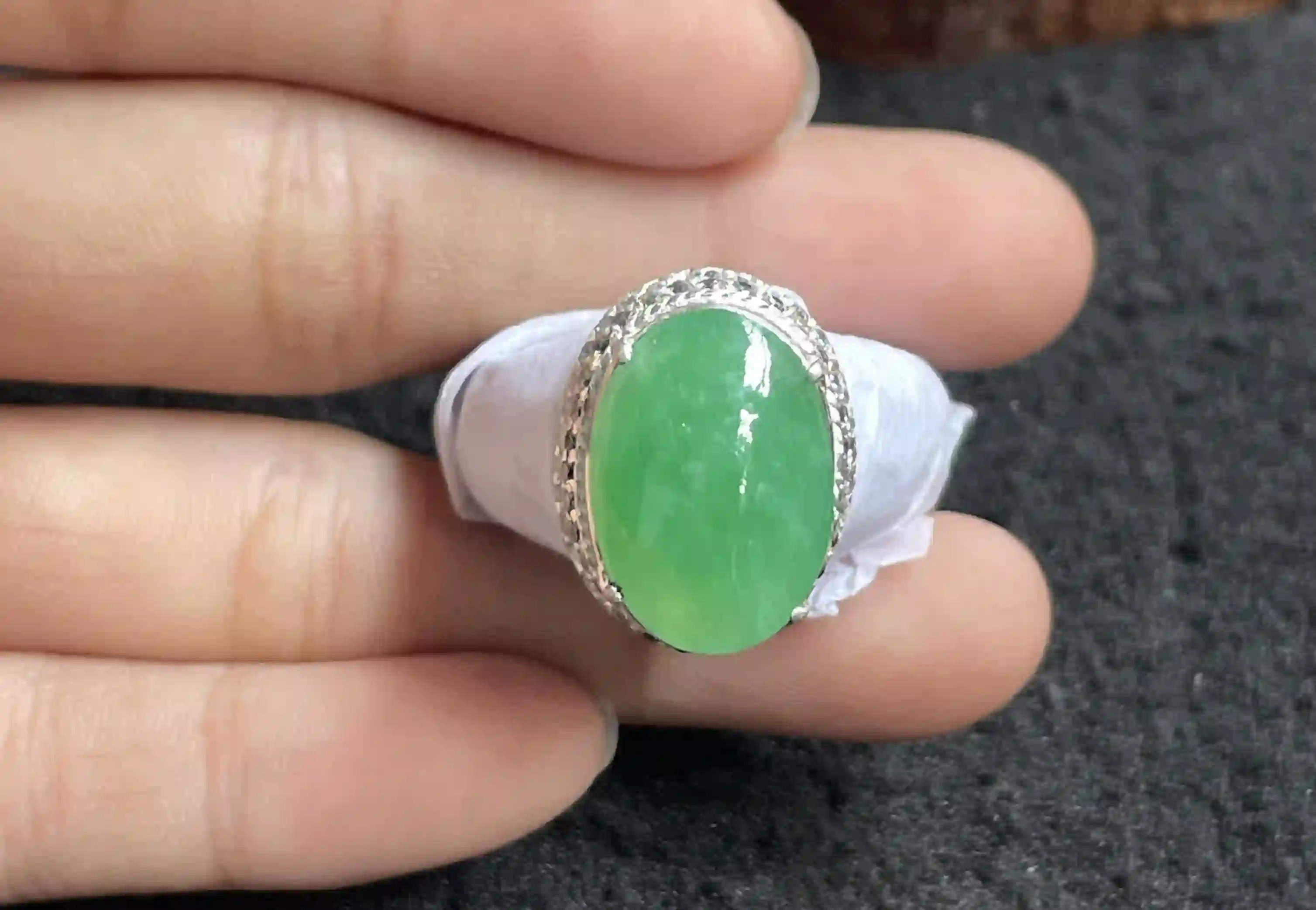  Vivid Green Jade Oval Cabochon Ring with Textured Metal Setting, view 2 | Myanmar Jadeite reference #120001