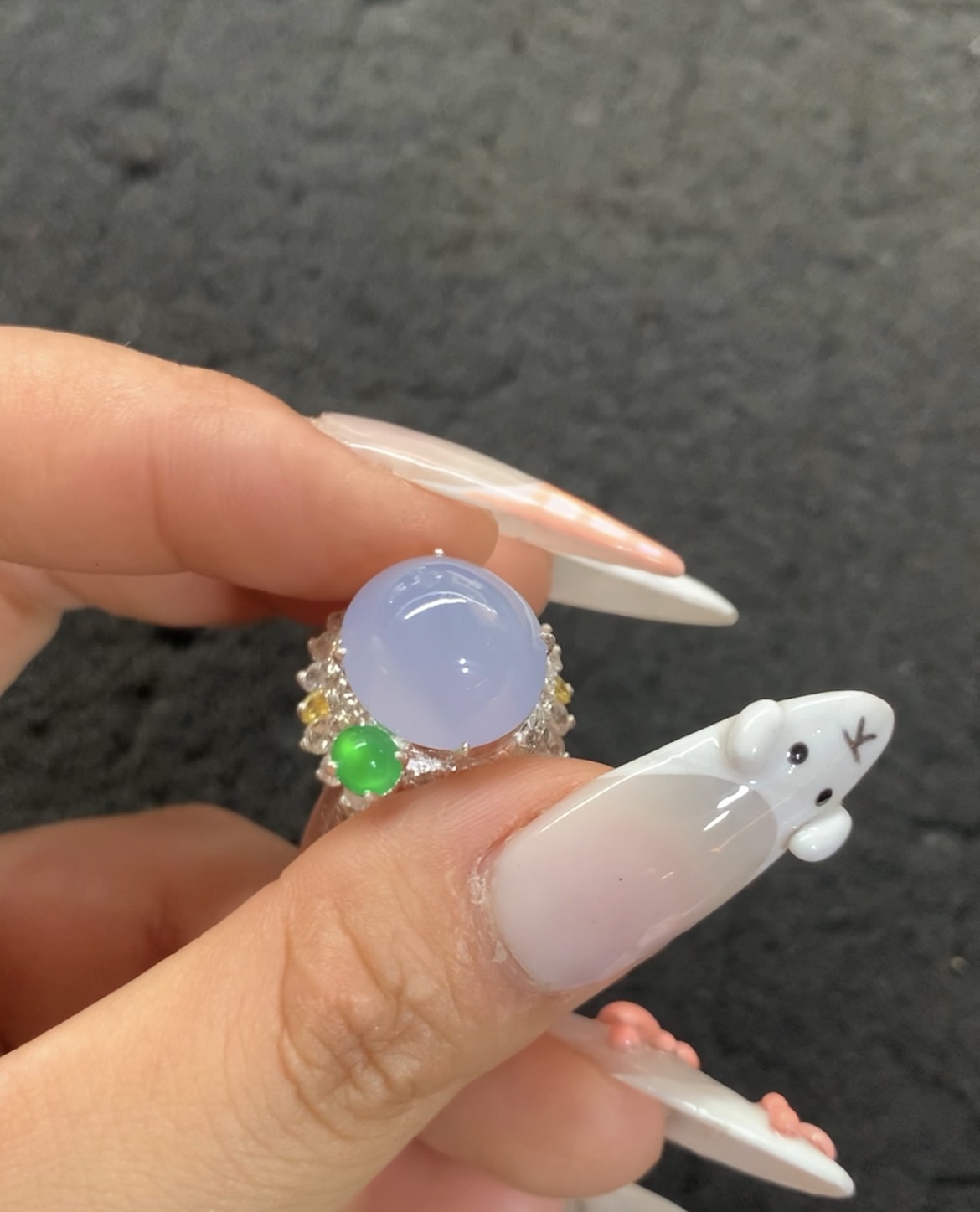 Lavender Jadeite Ring with Green Accent and Multi-Gems