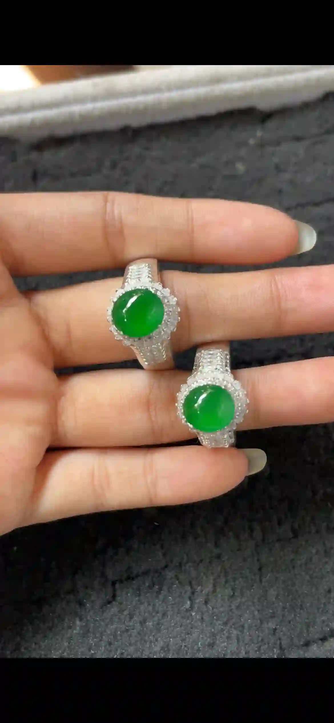 Natural Green Jadeite Cabochon Diamond Ring Set, 18K White Gold, view 2 | Myanmar Jadeite reference #6630001