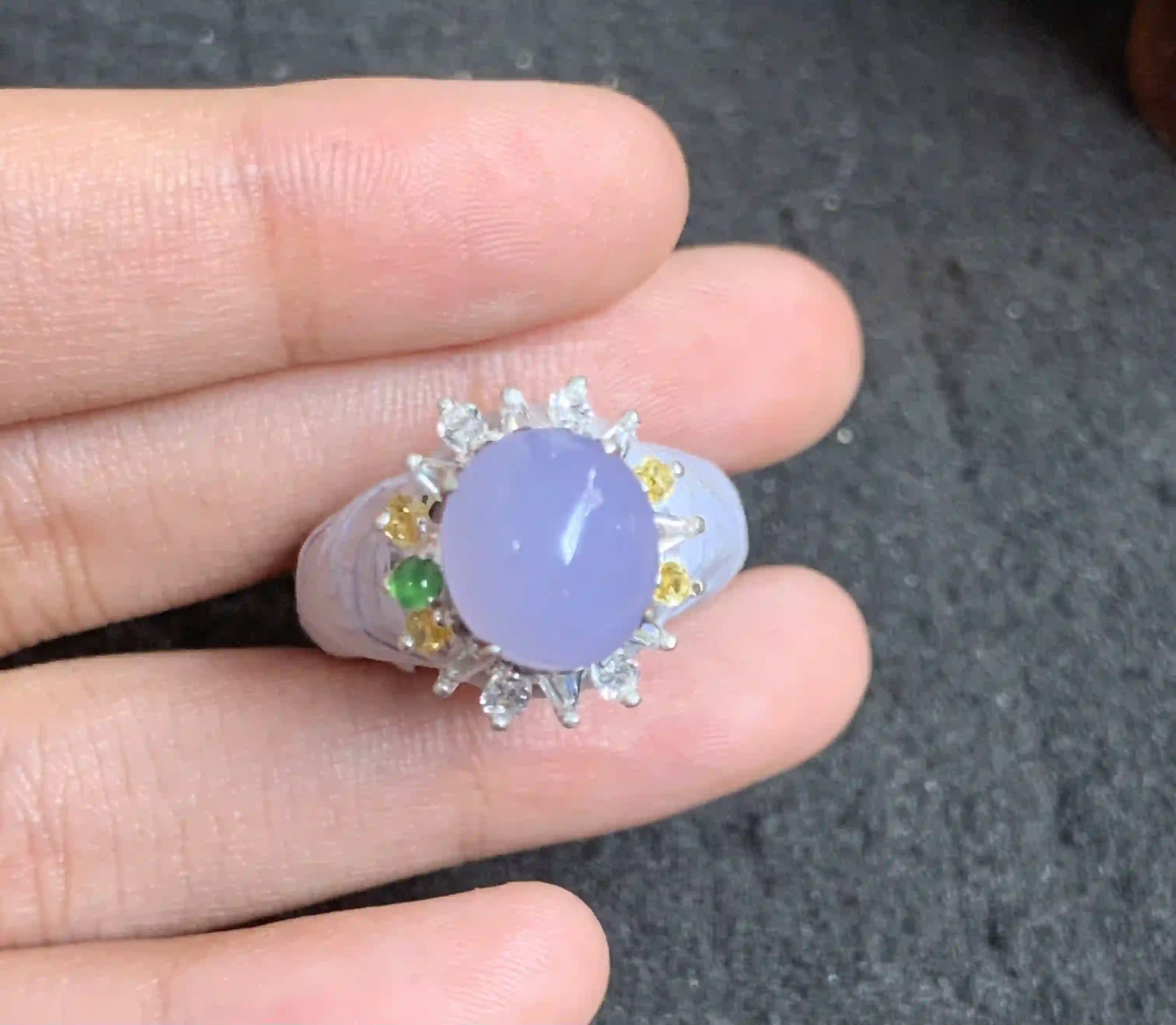 Lavender Jade Cabochon Ring with Green & Golden Accent Stones, view 2 | Myanmar Jadeite reference #120007