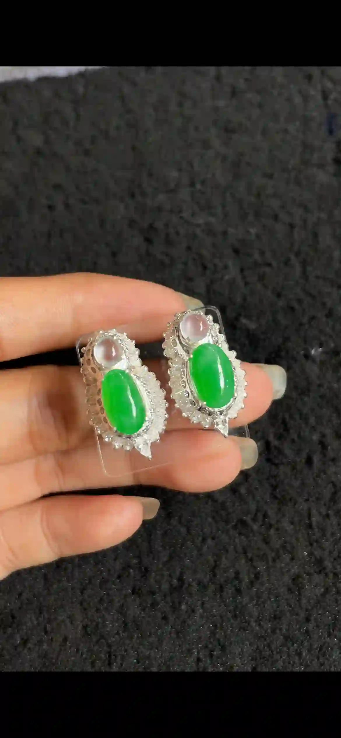Dual-Tone High-Icy & Imperial Green Jadeite Earrings, view 2 | Myanmar Jadeite reference #7260001
