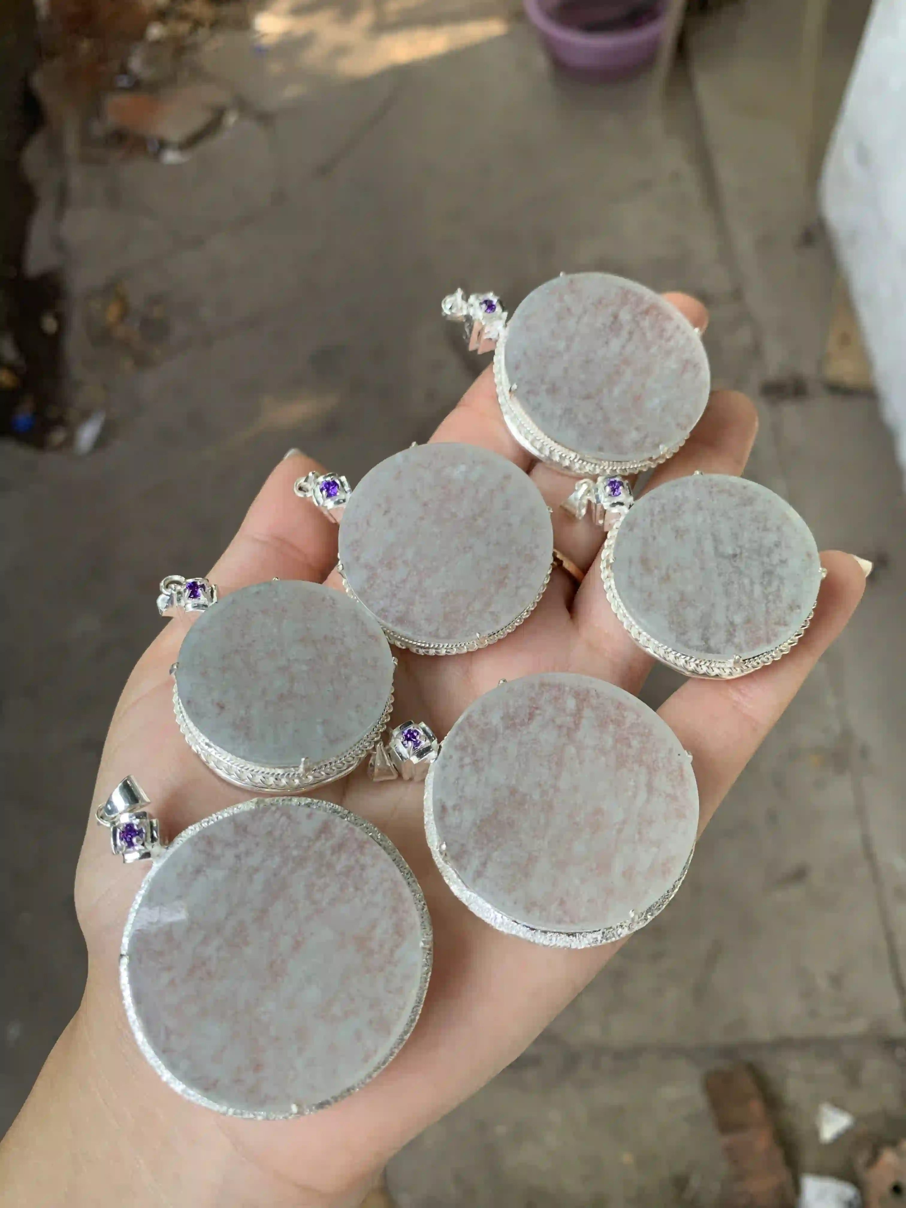  Round Jade Pendants with Silver Settings and Purple Accents | Myanmar Jadeite reference #270003