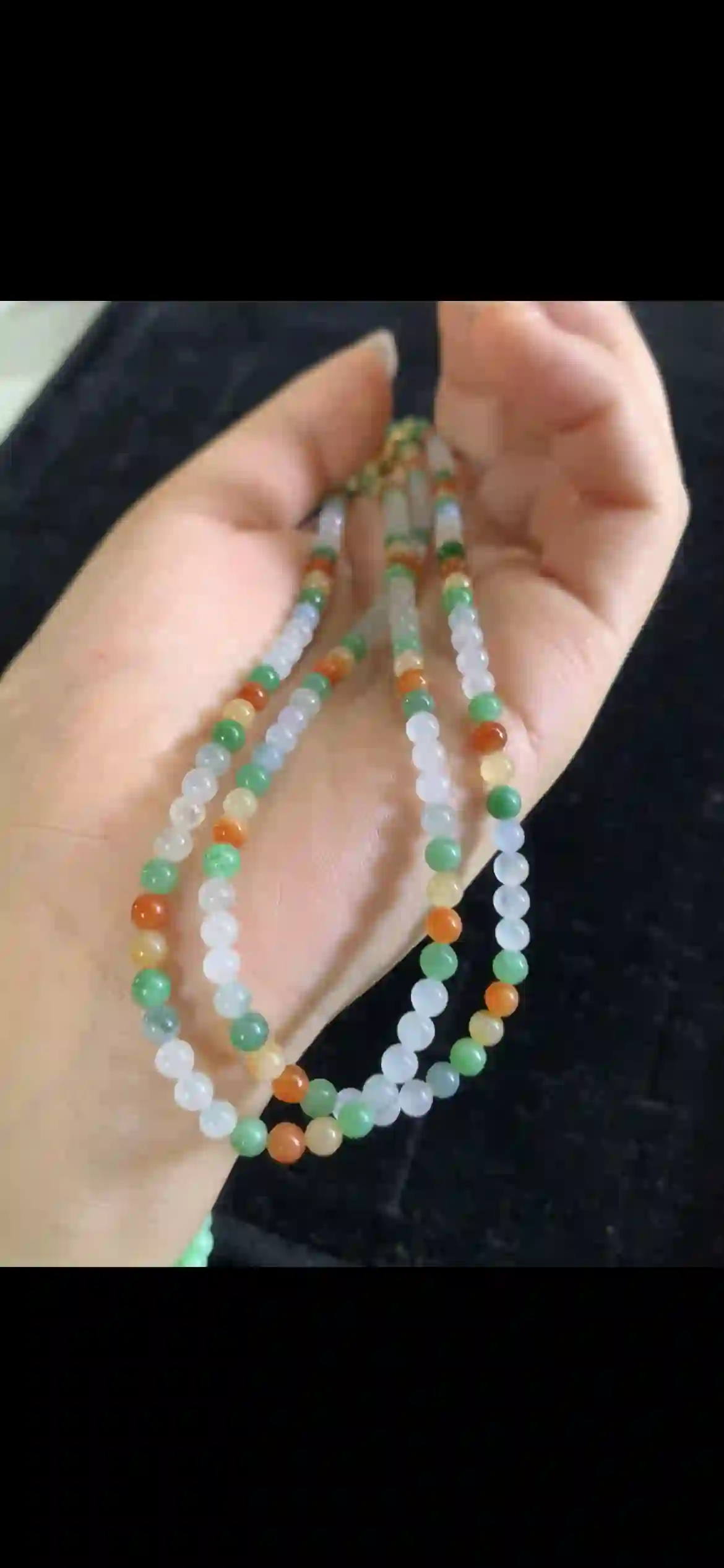 Icy Multicolor Jade Bead Long Necklace — Tri-Color Strands | Myanmar Jadeite reference #27870001