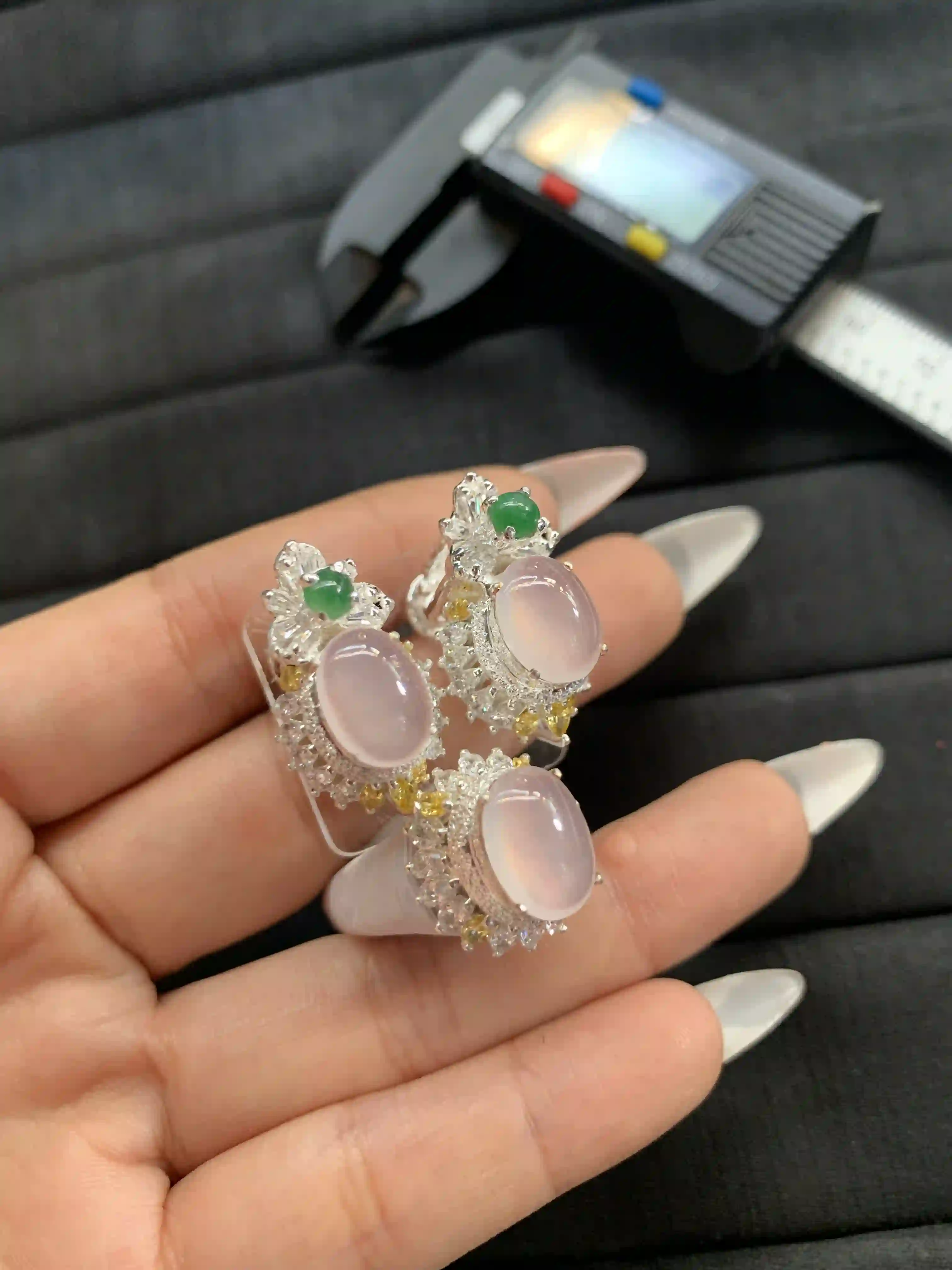  Elegant Pink Gemstone Rings with Green Accents and Sparkling Detailing, view 2 | Myanmar Jadeite reference #1320002