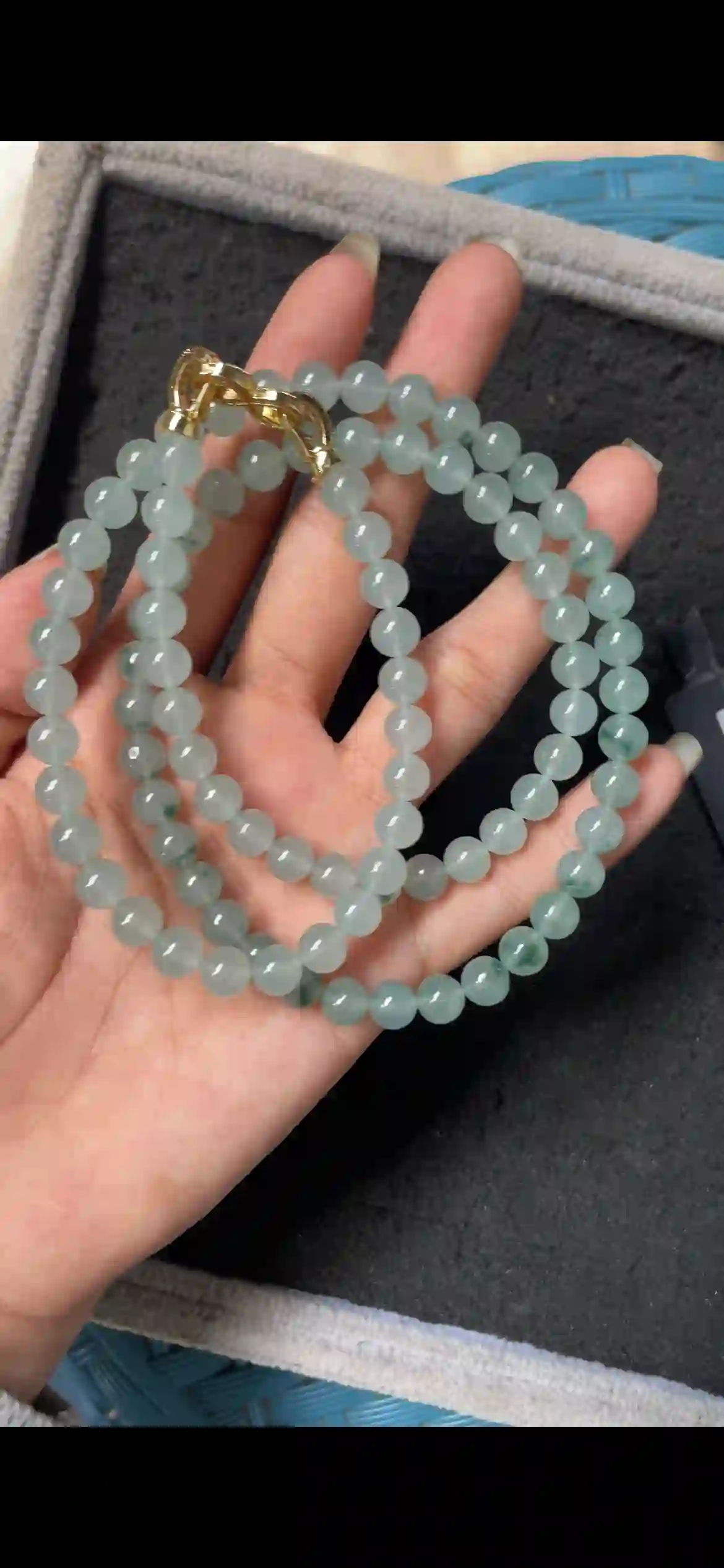   Natural Icy Floating Flower Jadeite Bead Necklace with Gold Clasp, view 2 | Myanmar Jadeite reference #6660001