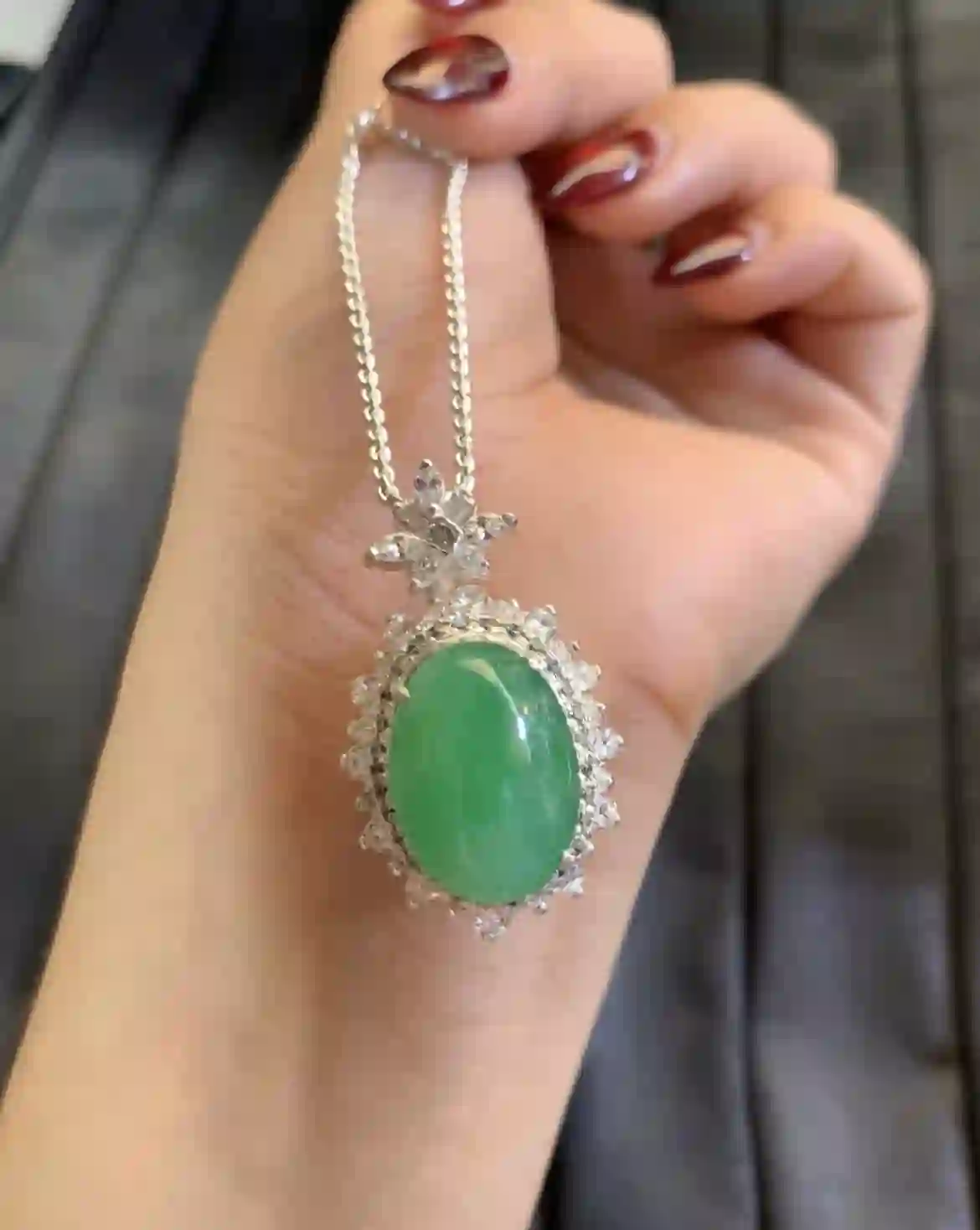 Vibrant Green Jadeite Oval Pendant with Diamond Halo and Floral Bail | Myanmar Jadeite reference #3540002