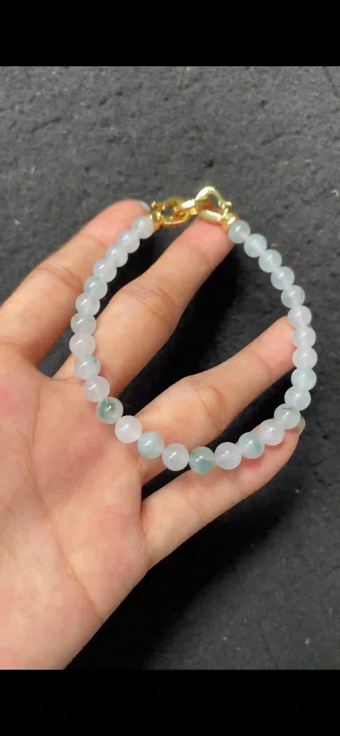   Icy Floating Blue Flower Jadeite Beaded Bracelet with Gold Clasp | Myanmar Jadeite reference #4320004