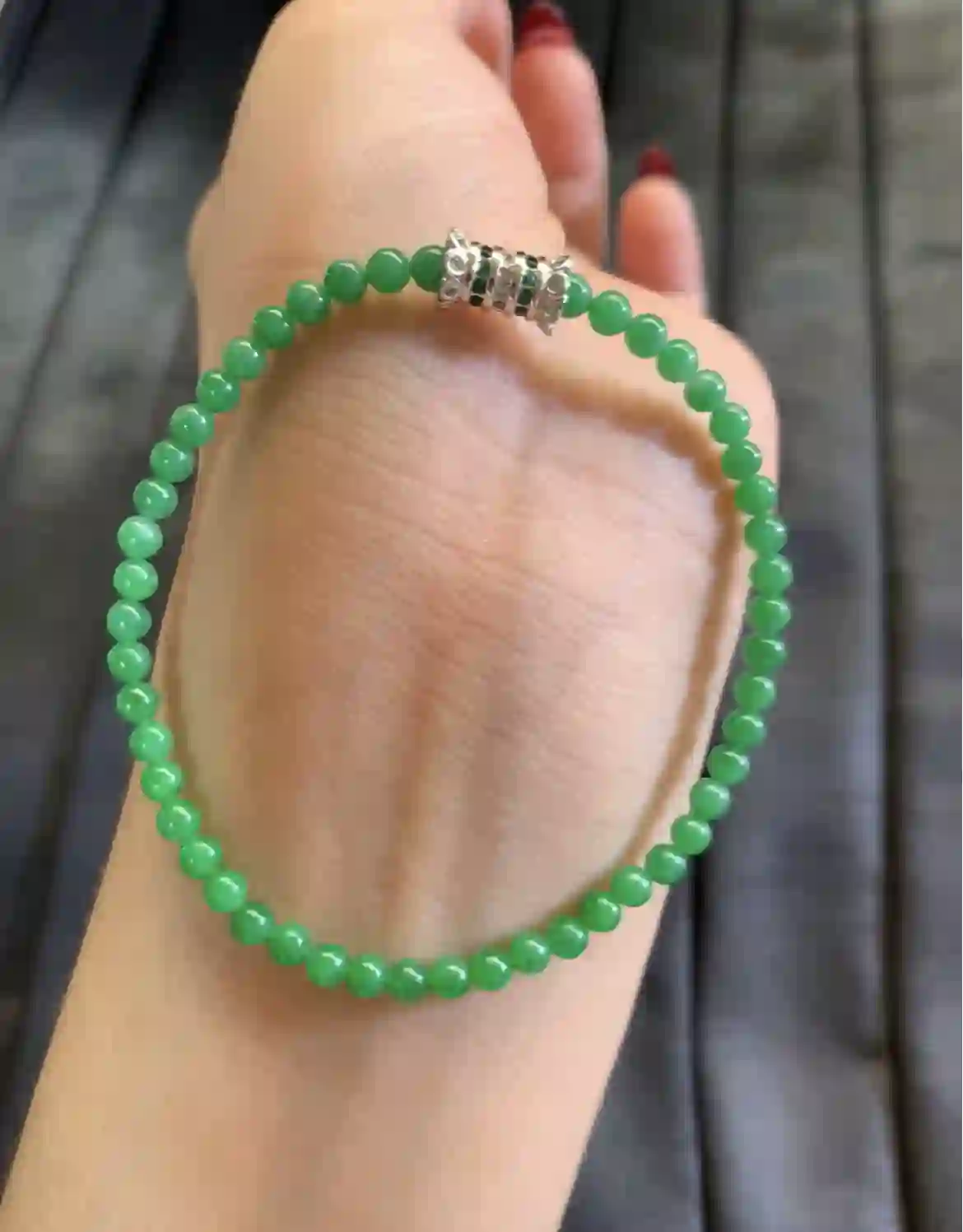   Vibrant Rich Green Jadeite Beaded Bracelet with Silver Plated Gemstone Accent | Myanmar Jadeite reference #3570001