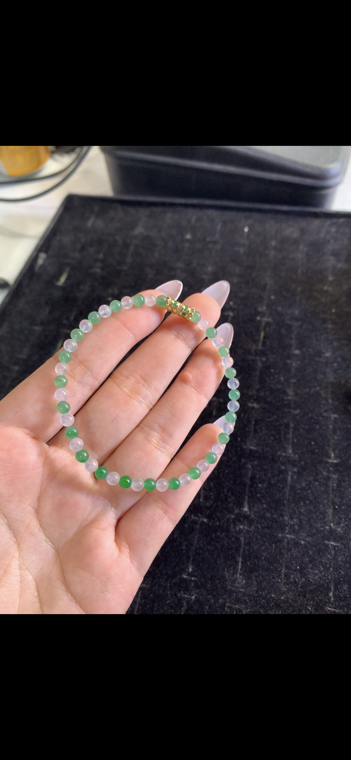 Delicate Gradient Green & White Jadeite Bead Bracelet with Gold Accent
