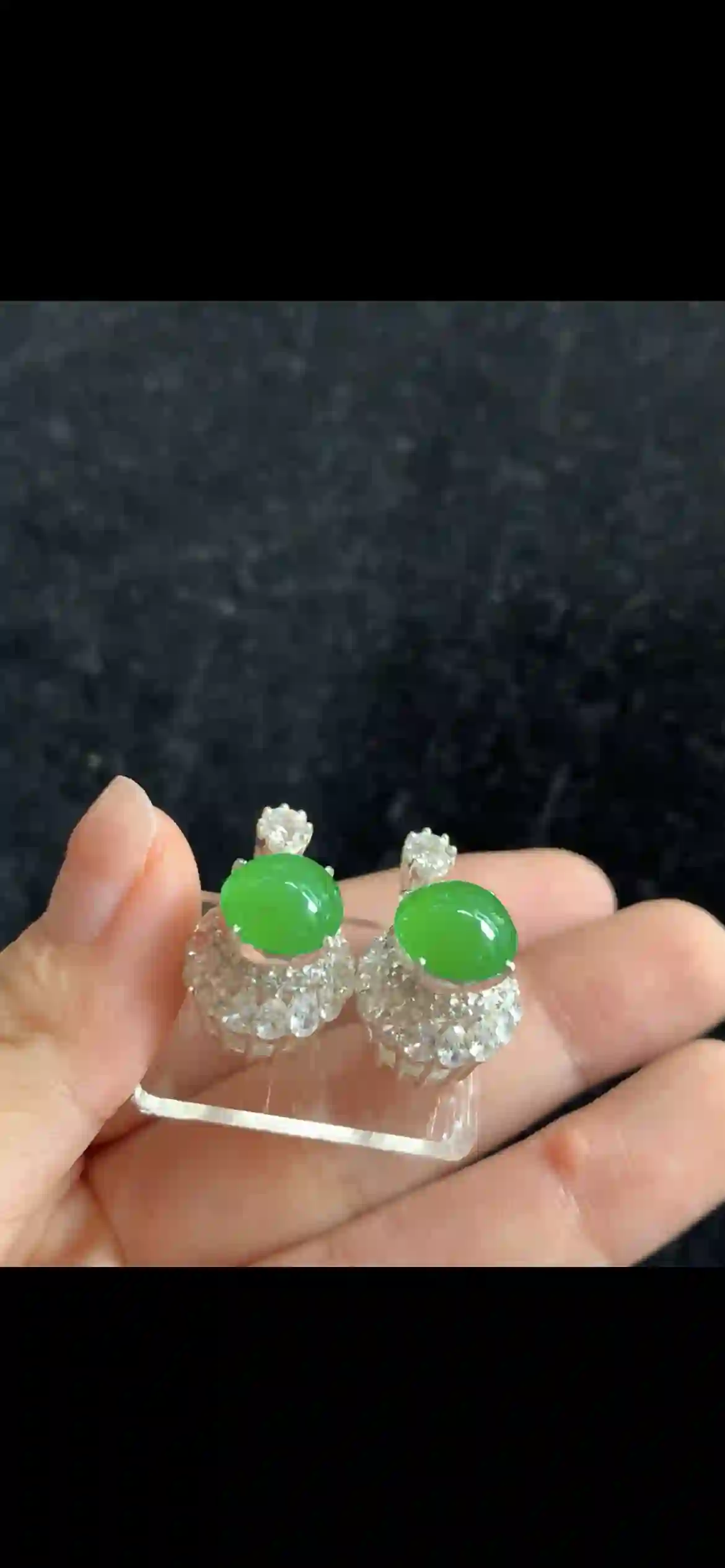 Exquisite Imperial Green Jade & Diamond Halo Earrings — Perfectly Matched Pair, view 2 | Myanmar Jadeite reference #34080001
