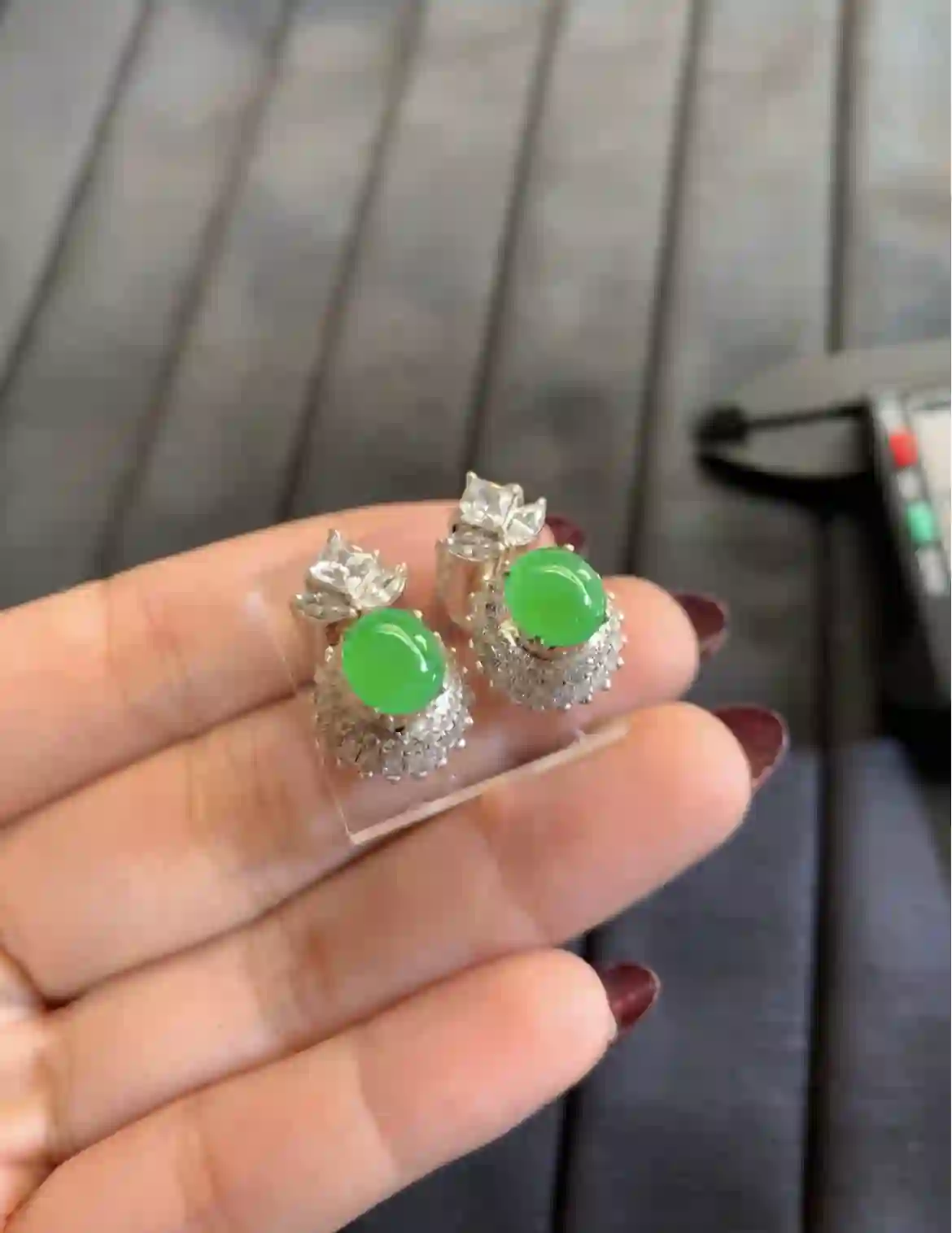   Vibrant Green Jade Cabochon Earrings with Diamond Halo & Accents, view 2 | Myanmar Jadeite reference #2880005