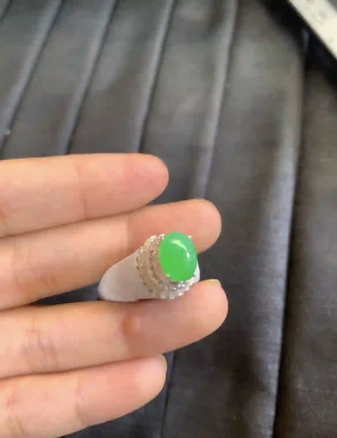 Elegant Green Jade Cabochon Ring, view 2 | Myanmar Jadeite reference #2670004