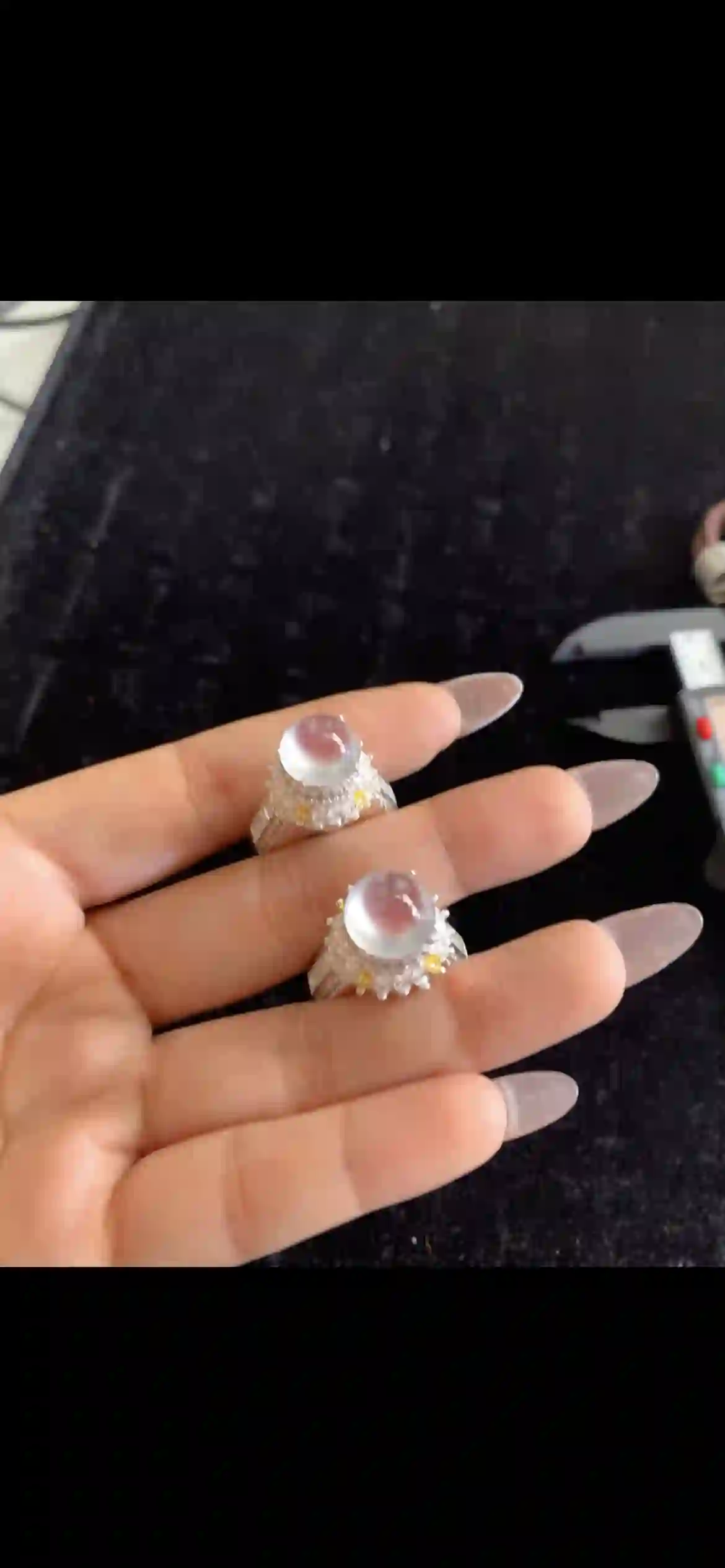 Pair of Icy Lavender Jade Solitaire Rings — Diamond & Yellow Sapphire Halo, view 2 | Myanmar Jadeite reference #28170001