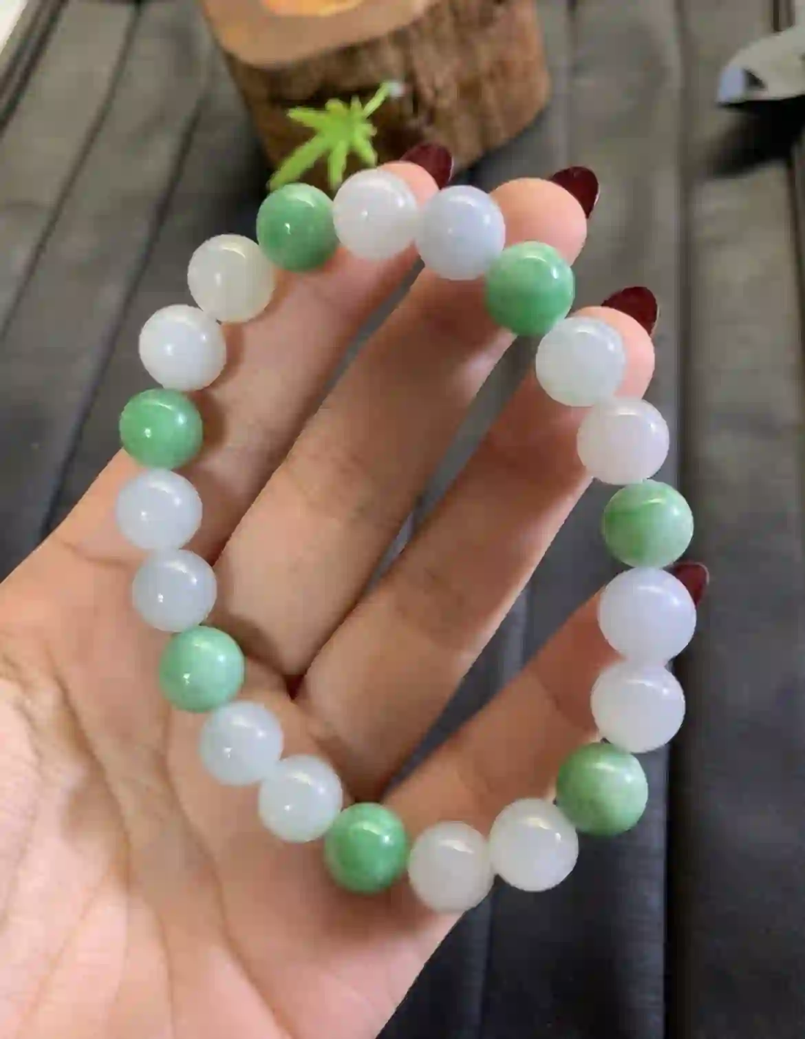 Icy White & Vivid Green Jade Bead Bracelet, view 2 | Myanmar Jadeite reference #2850007