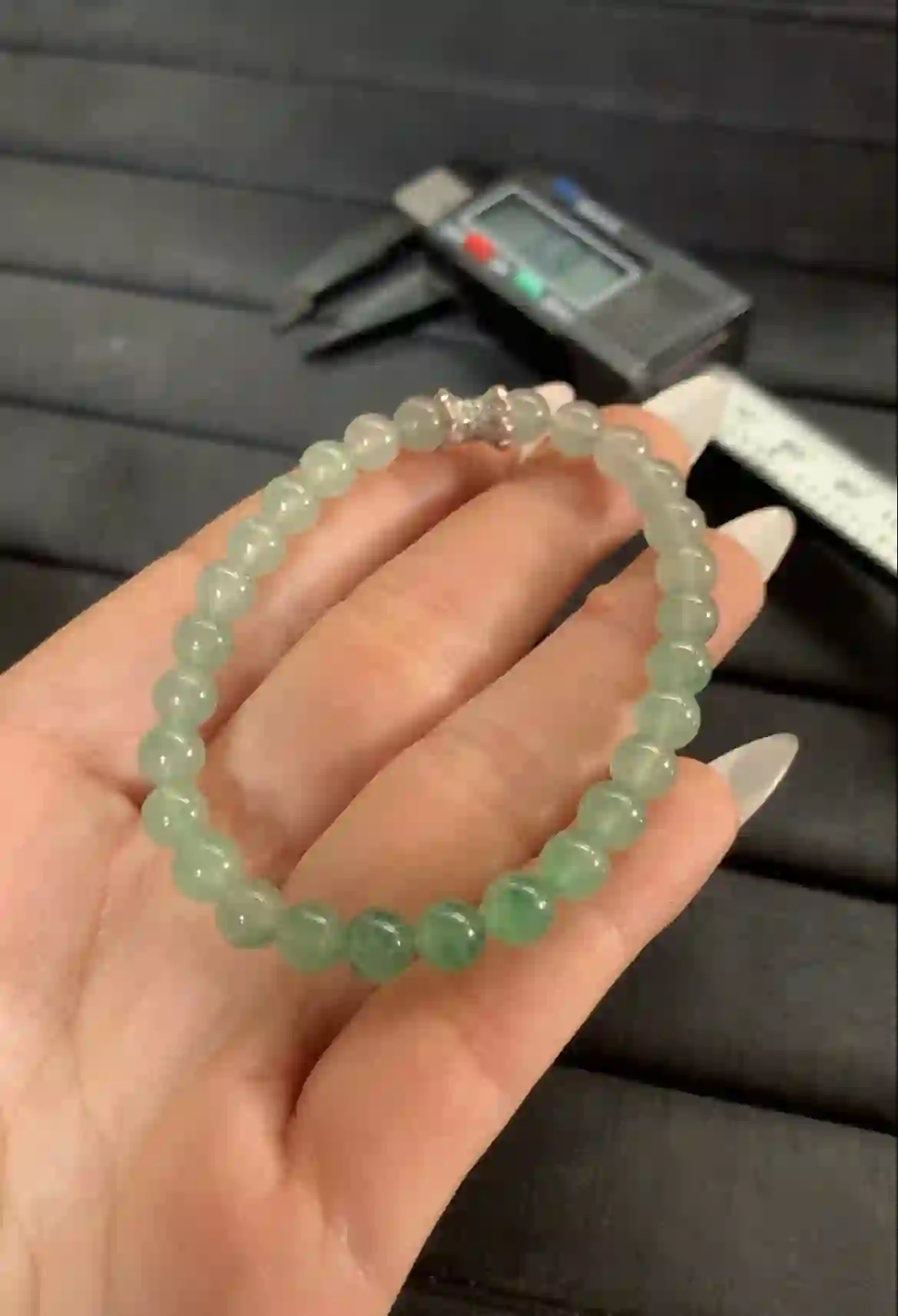 Gradient Green Jadeite Beaded Bracelet with Sparkling Clasp, view 2 | Myanmar Jadeite reference #1230005