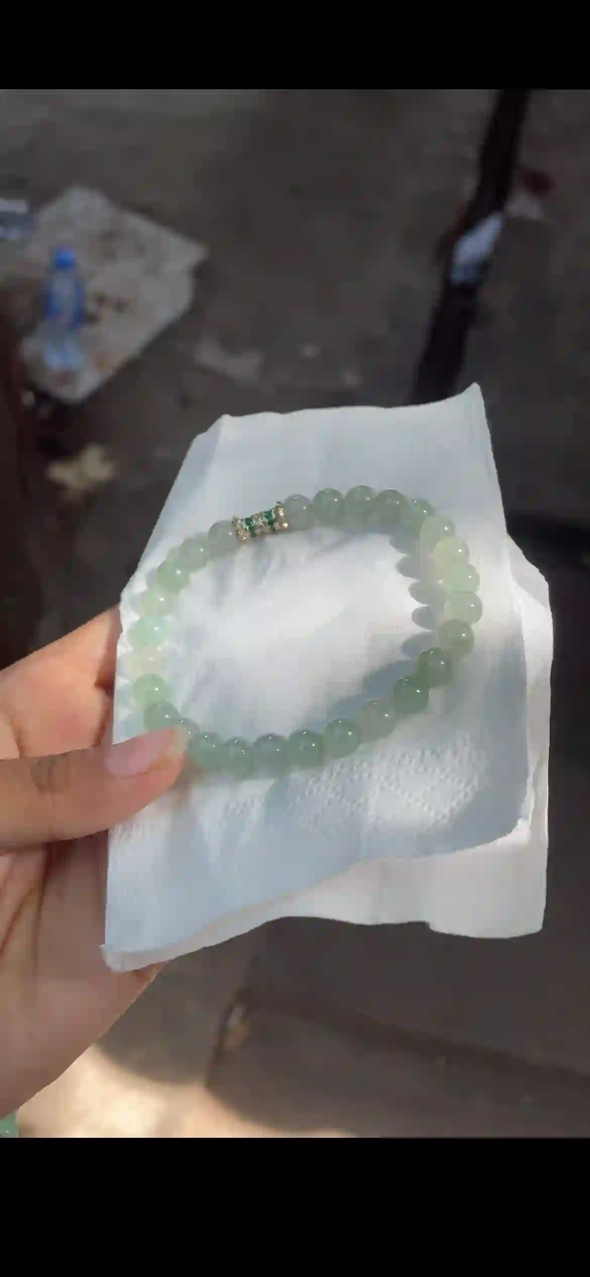 Icy Pale Celadon Jade Bead Bracelet with Gemstone Inlaid Spacer | Myanmar Jadeite reference #19080001