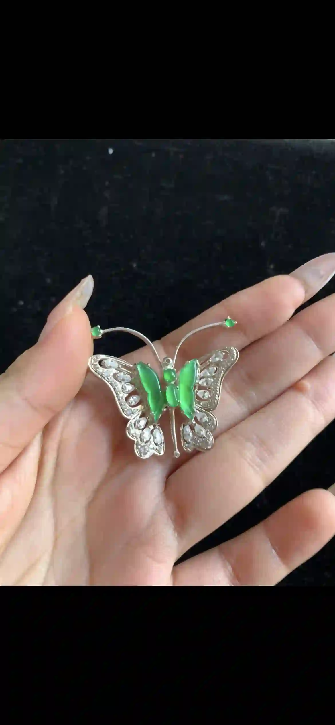 Emerald Green Jade Butterfly Pendant — Sparkling Crystal Wings | Myanmar Jadeite reference #33630001