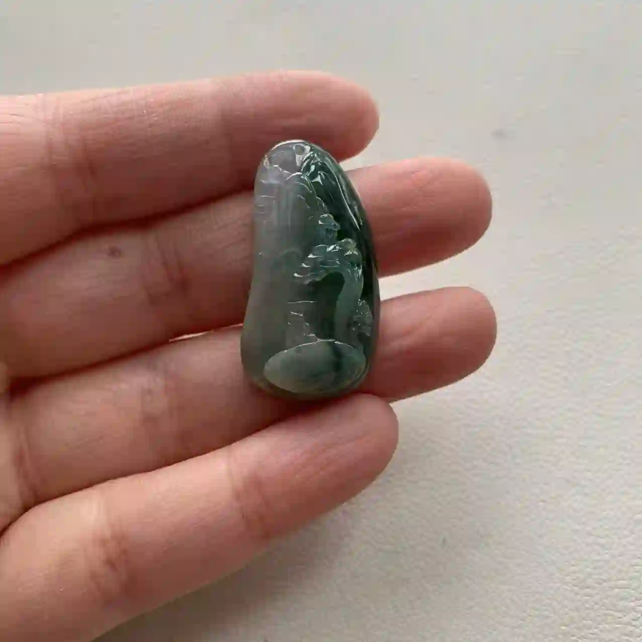 Icy Jade Pendant with Landscape Carving | Myanmar Jadeite reference #2100011